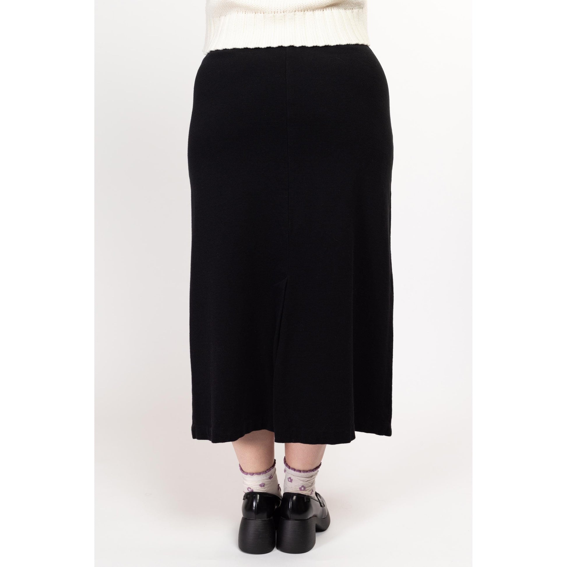 Large 90s Black Waffle Knit Midi Skirt | Vintage Minimalist High Waisted Stretchy Skirt