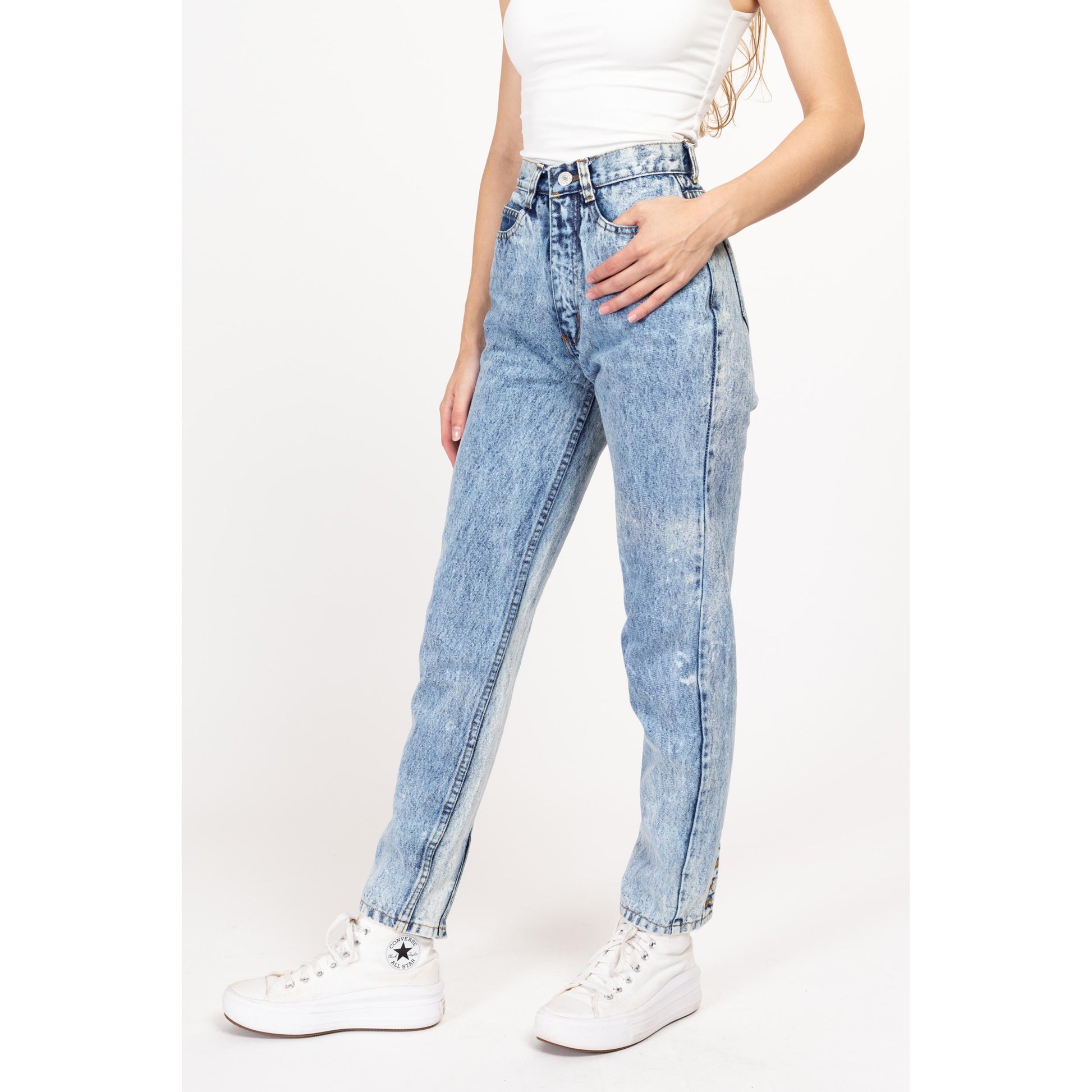 XXS 80s Jordache Acid Wash Ankle Button Jeans 22.5" | Vintage Light Wash Denim High Waisted Mom Jeans