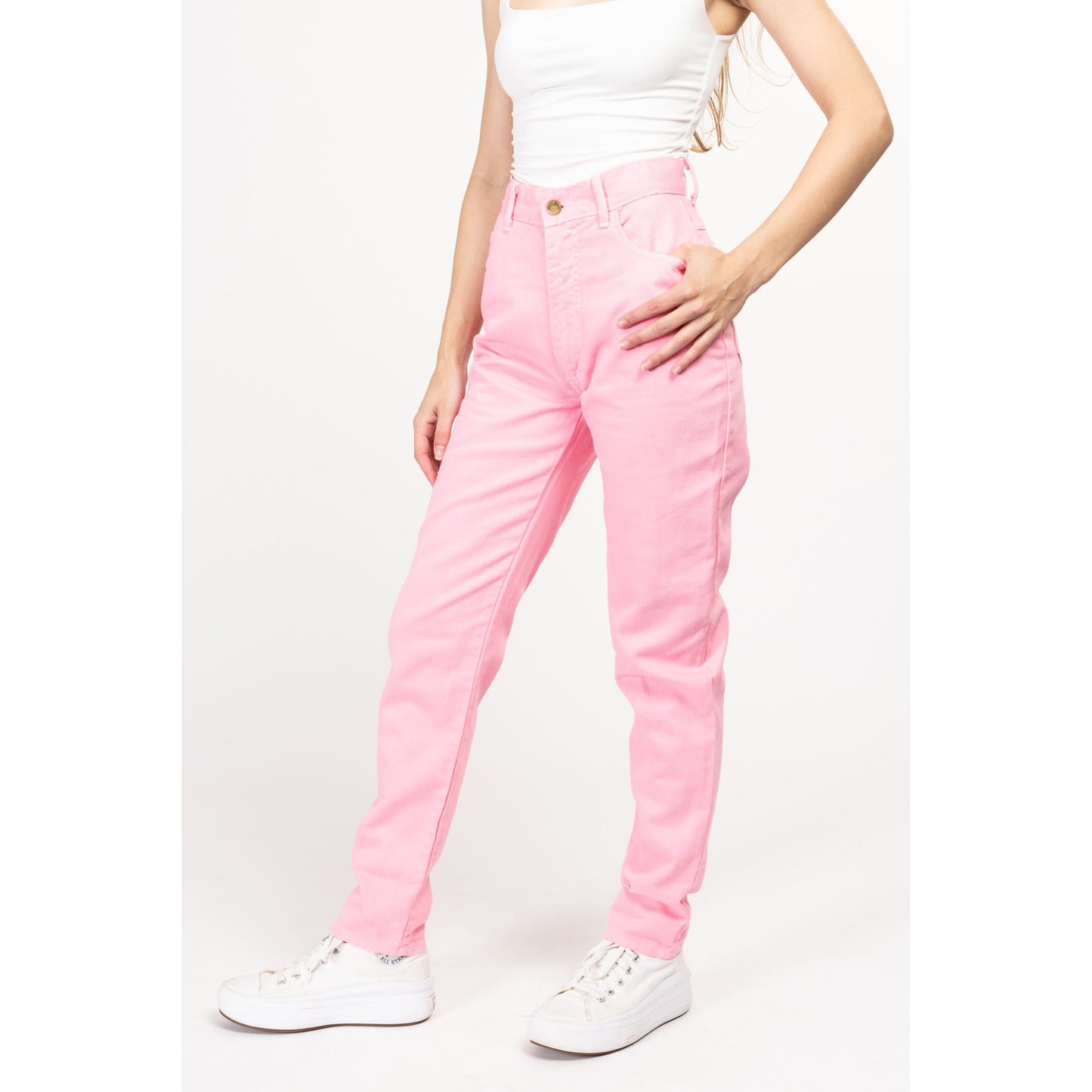 XS 90s Bubblegum Pink High Waisted Jeans 24" | Vintage Pastel Colorful Denim Tapered Leg Mom Jeans