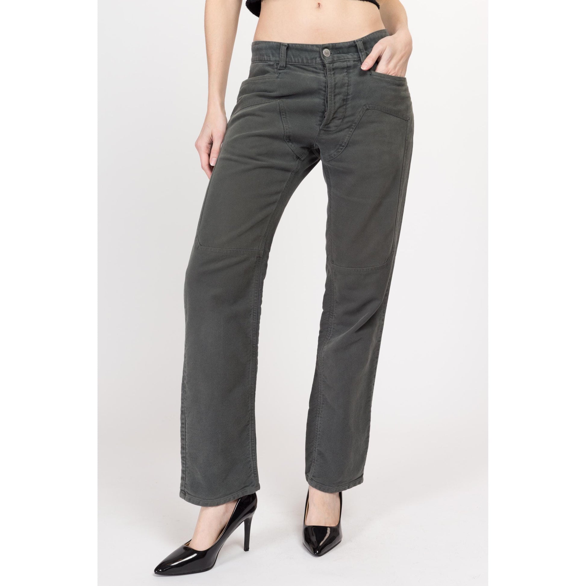 Small Y2K United Colors of Benetton Dark Sage Green Jeans | Vintage Mid Rise Straight Leg Soft Twill Trousers