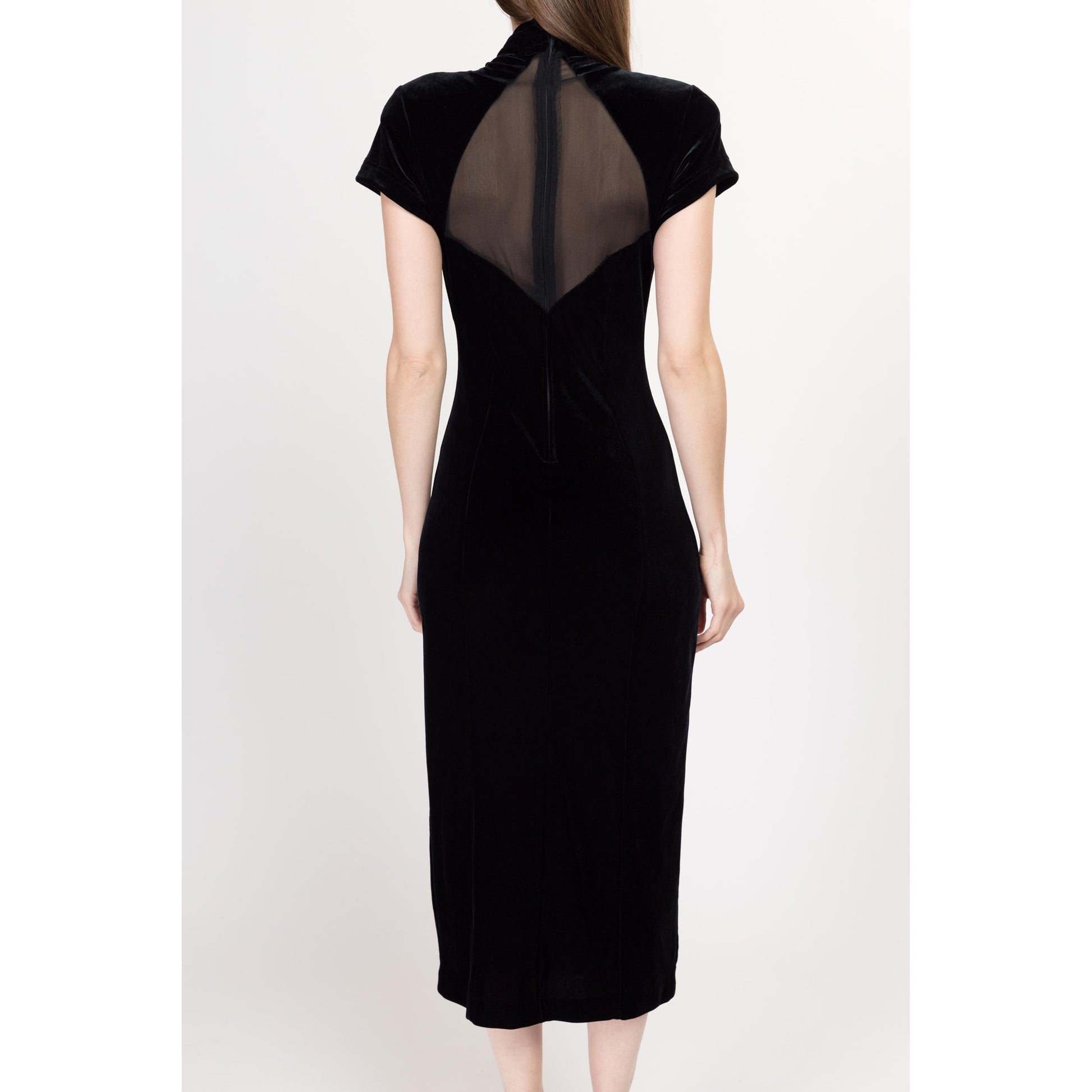 Small 90s Black Velvet Sheer Illusion Party Dress | Vintage Short Sleeve Backless Formal Bodycon Midi Dress