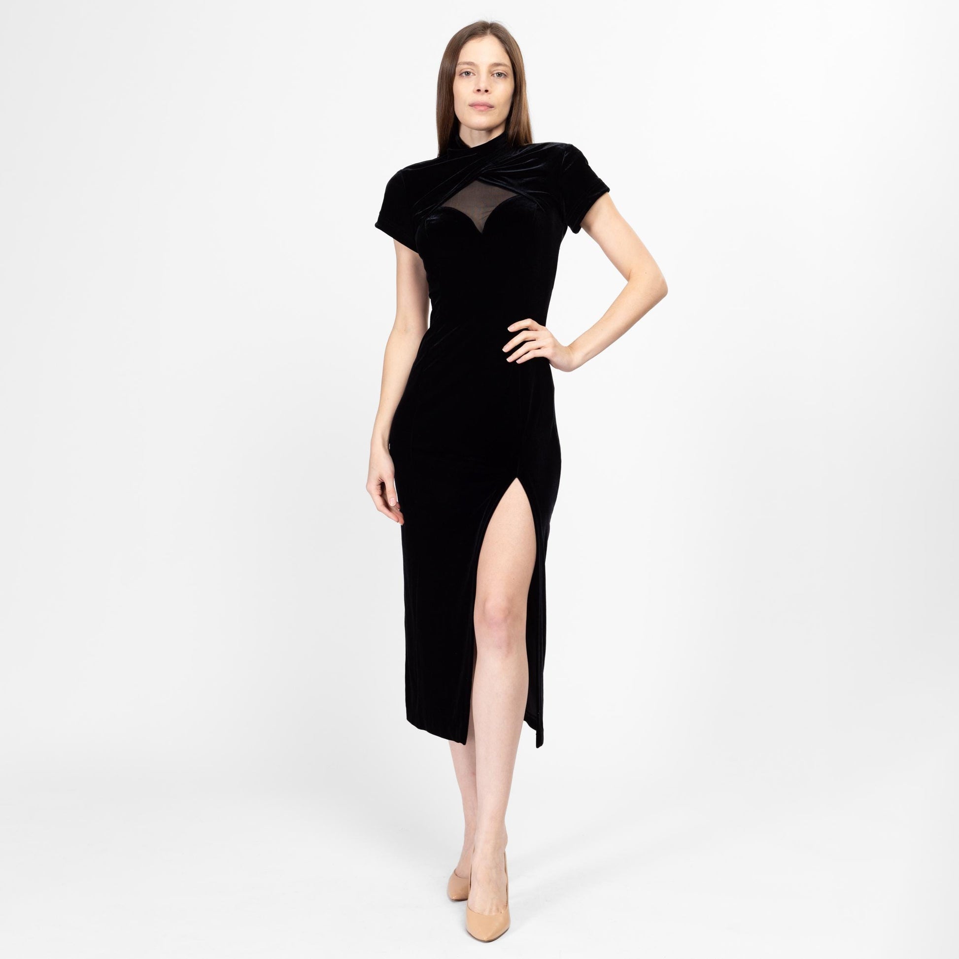 Small 90s Black Velvet Sheer Illusion Party Dress | Vintage Short Sleeve Backless Formal Bodycon Midi Dress