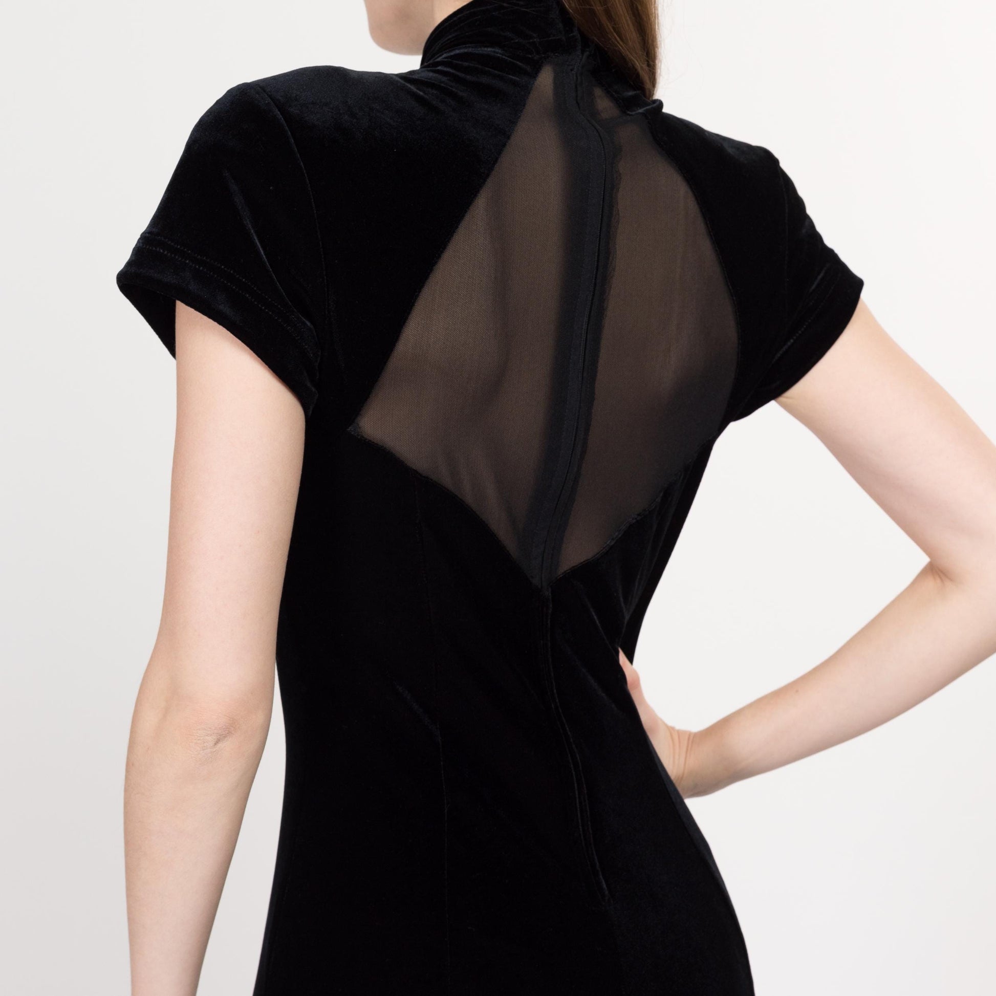 Small 90s Black Velvet Sheer Illusion Party Dress | Vintage Short Sleeve Backless Formal Bodycon Midi Dress