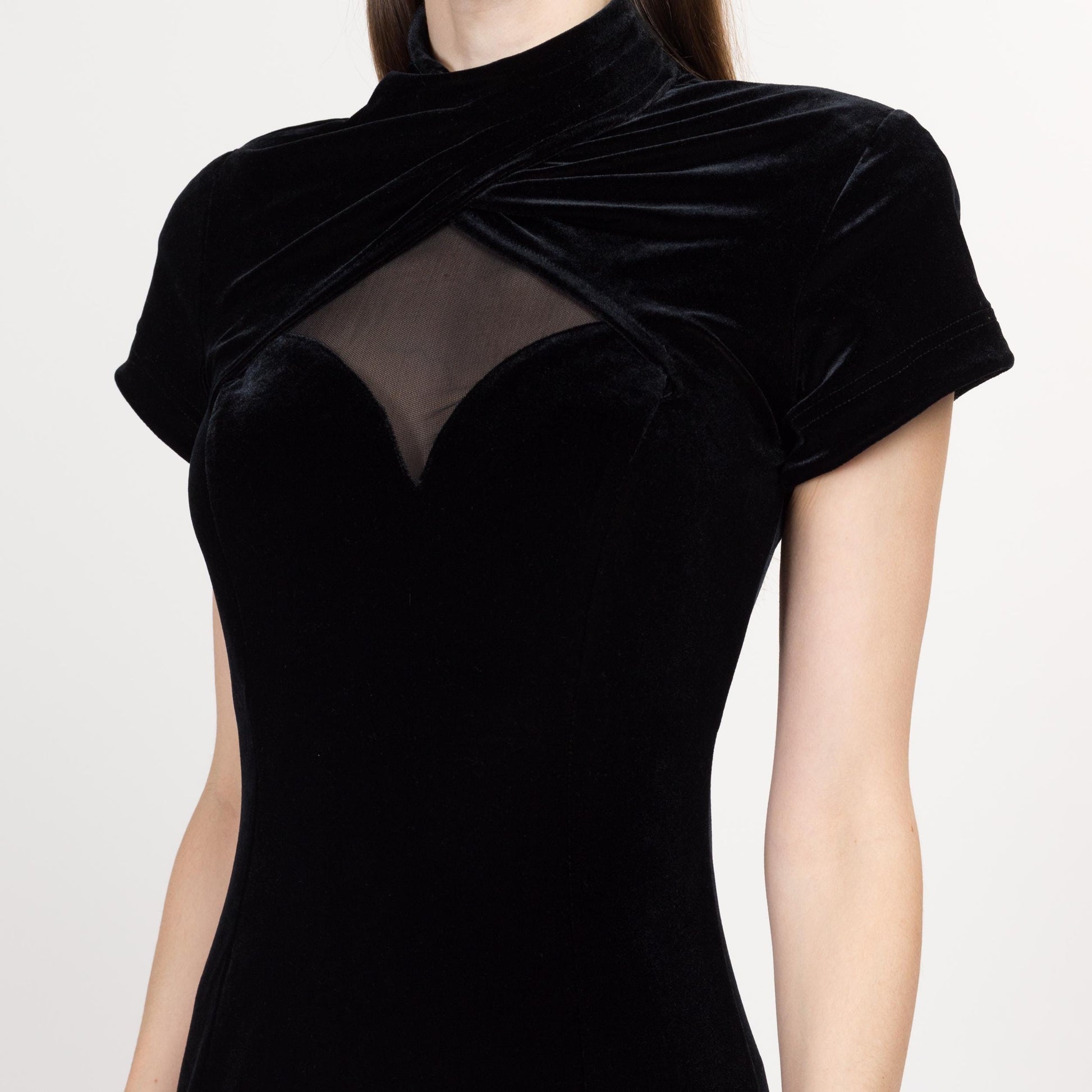 Small 90s Black Velvet Sheer Illusion Party Dress | Vintage Short Sleeve Backless Formal Bodycon Midi Dress