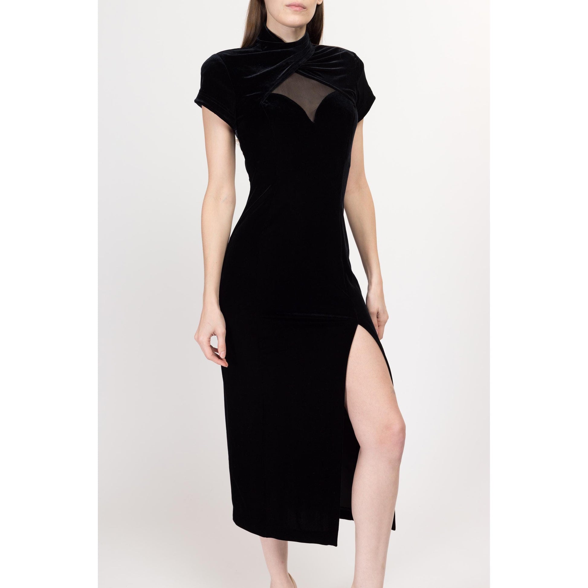 Small 90s Black Velvet Sheer Illusion Party Dress | Vintage Short Sleeve Backless Formal Bodycon Midi Dress