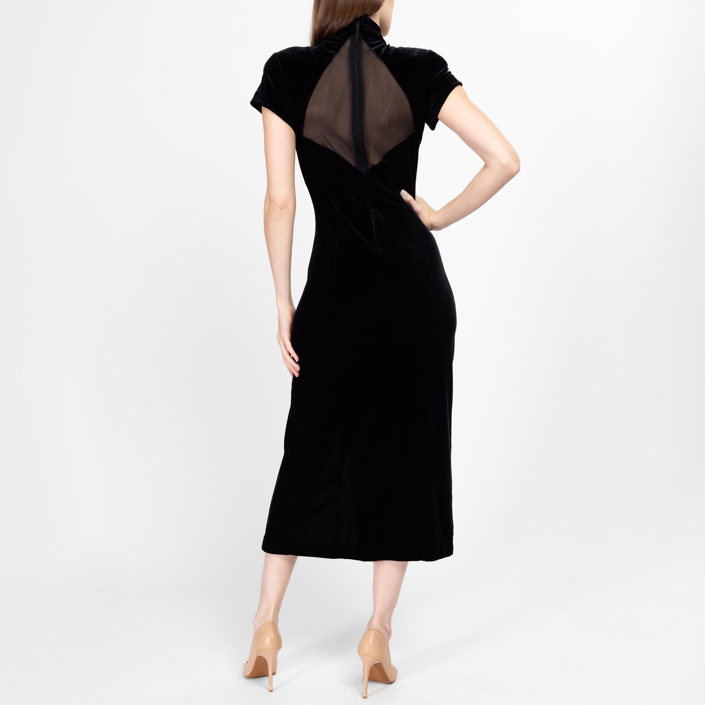 Small 90s Black Velvet Sheer Illusion Party Dress | Vintage Short Sleeve Backless Formal Bodycon Midi Dress