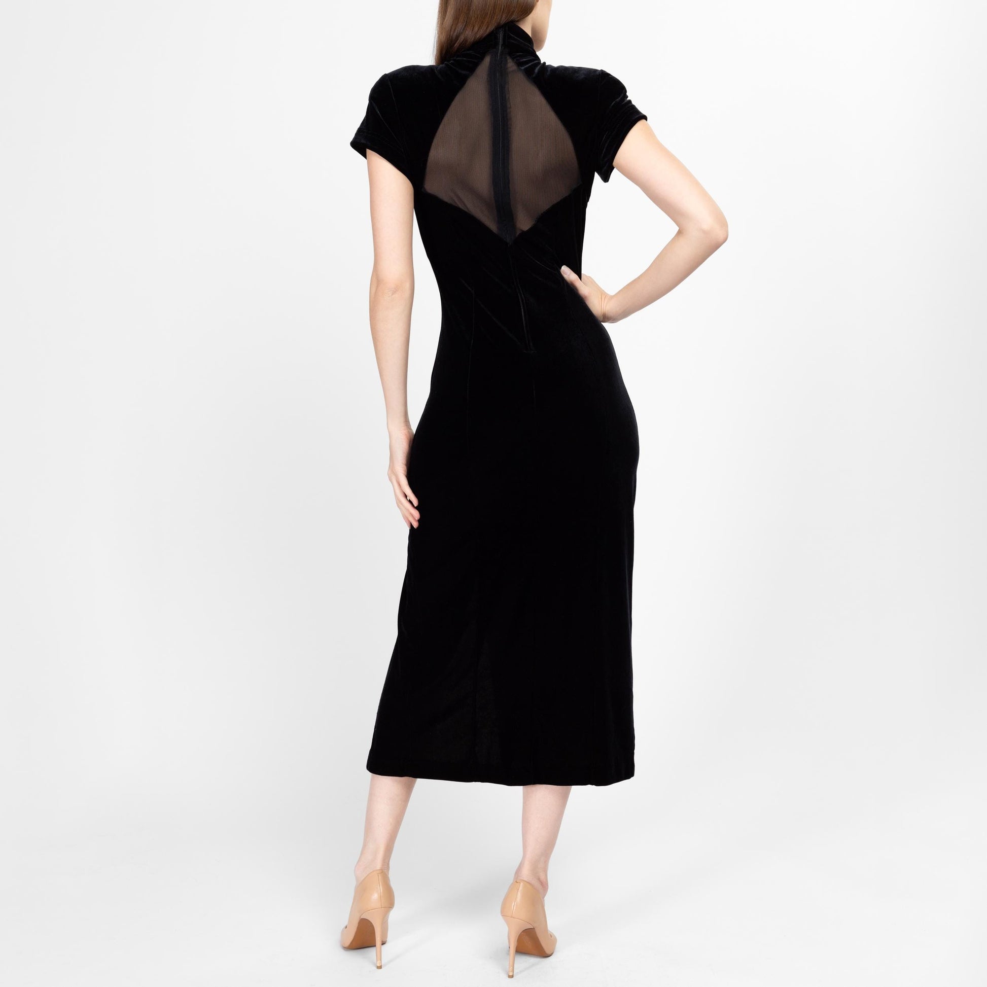 Small 90s Black Velvet Sheer Illusion Party Dress | Vintage Short Sleeve Backless Formal Bodycon Midi Dress