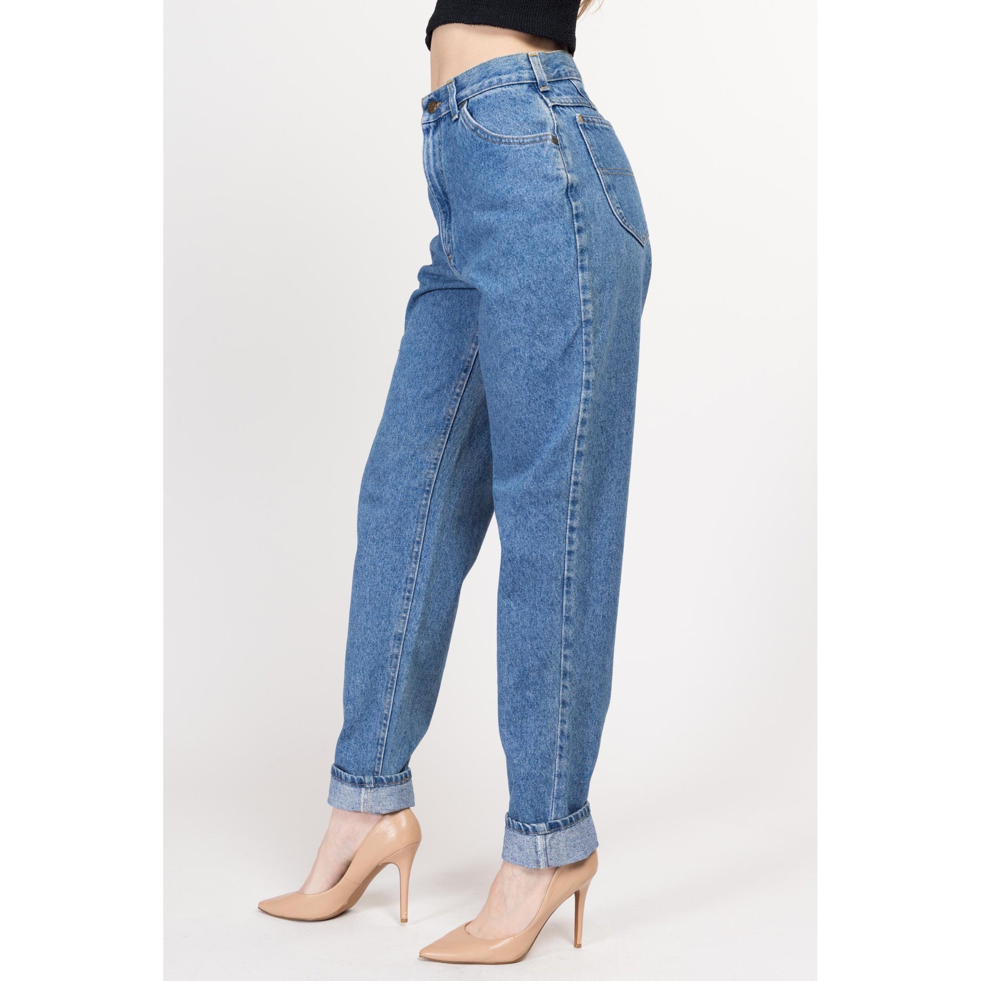 Small Long 90s Riders High Waisted Mom Jeans 27" | Vintage Stonewash Denim Tapered Leg Jeans