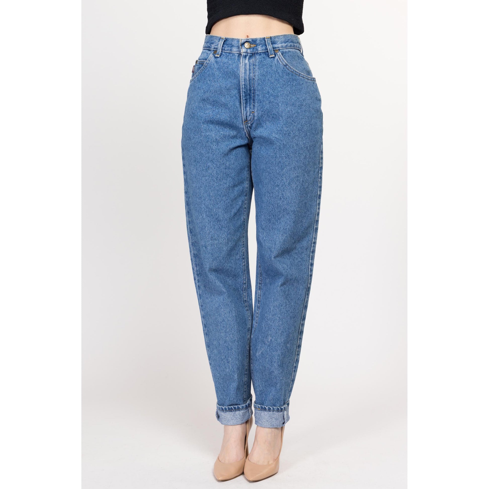Small Long 90s Riders High Waisted Mom Jeans 27" | Vintage Stonewash Denim Tapered Leg Jeans