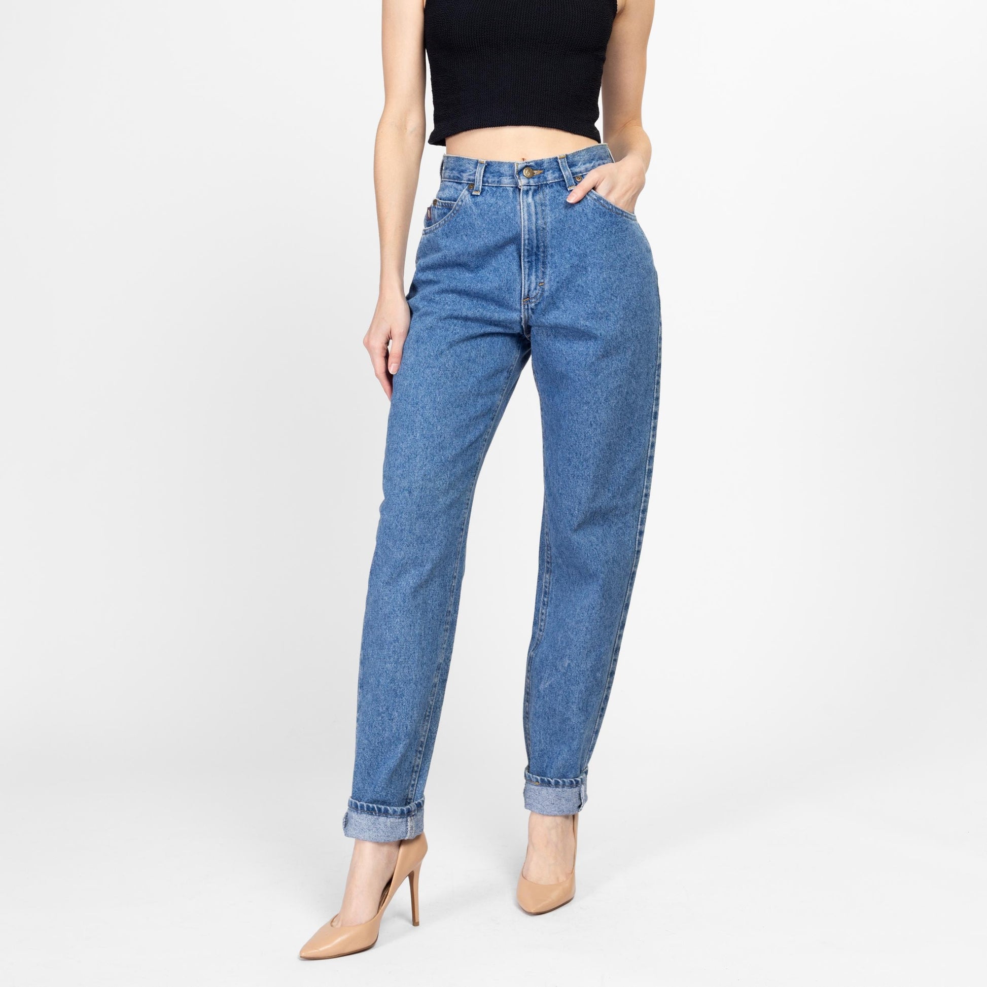 Small Long 90s Riders High Waisted Mom Jeans 27" | Vintage Stonewash Denim Tapered Leg Jeans