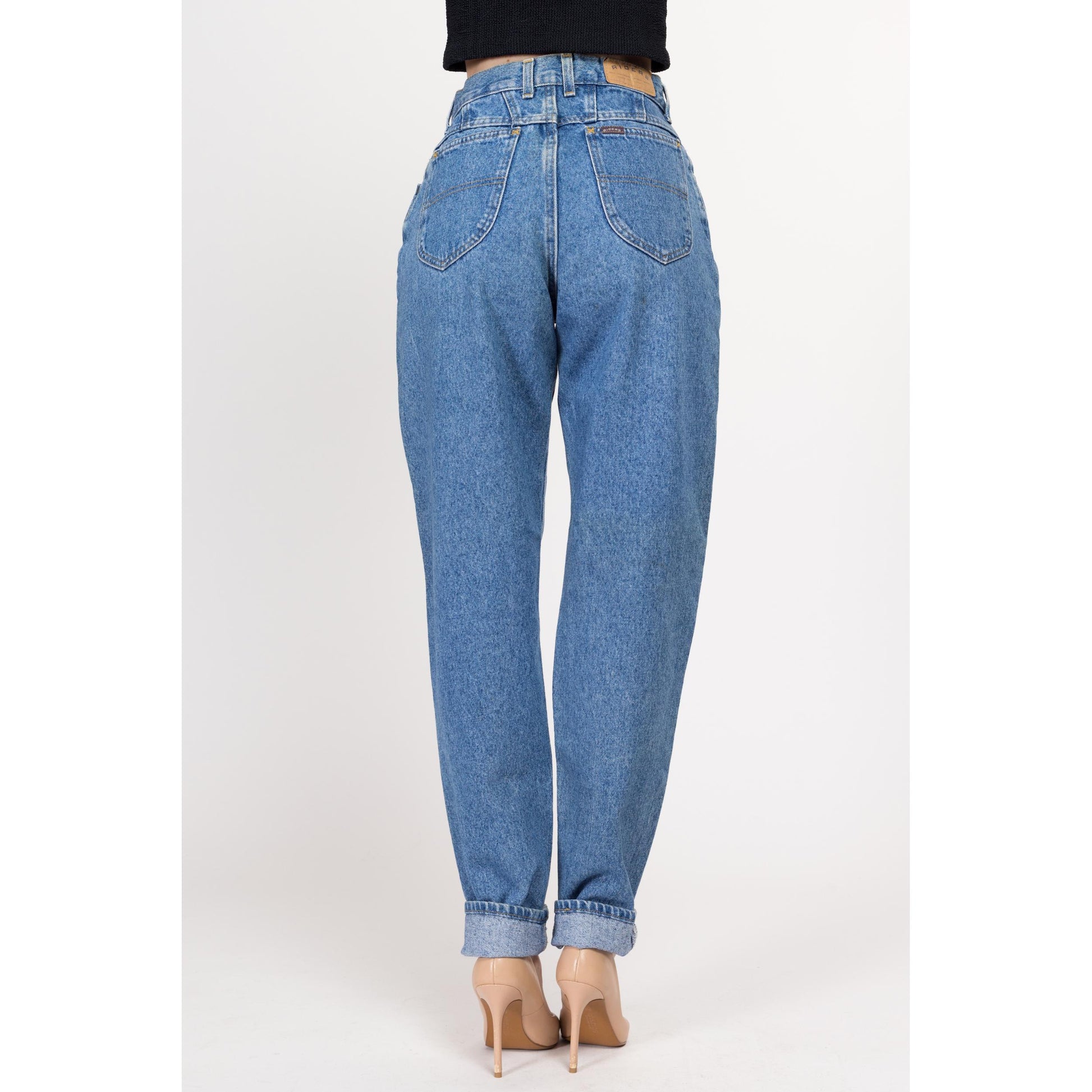 Small Long 90s Riders High Waisted Mom Jeans 27" | Vintage Stonewash Denim Tapered Leg Jeans