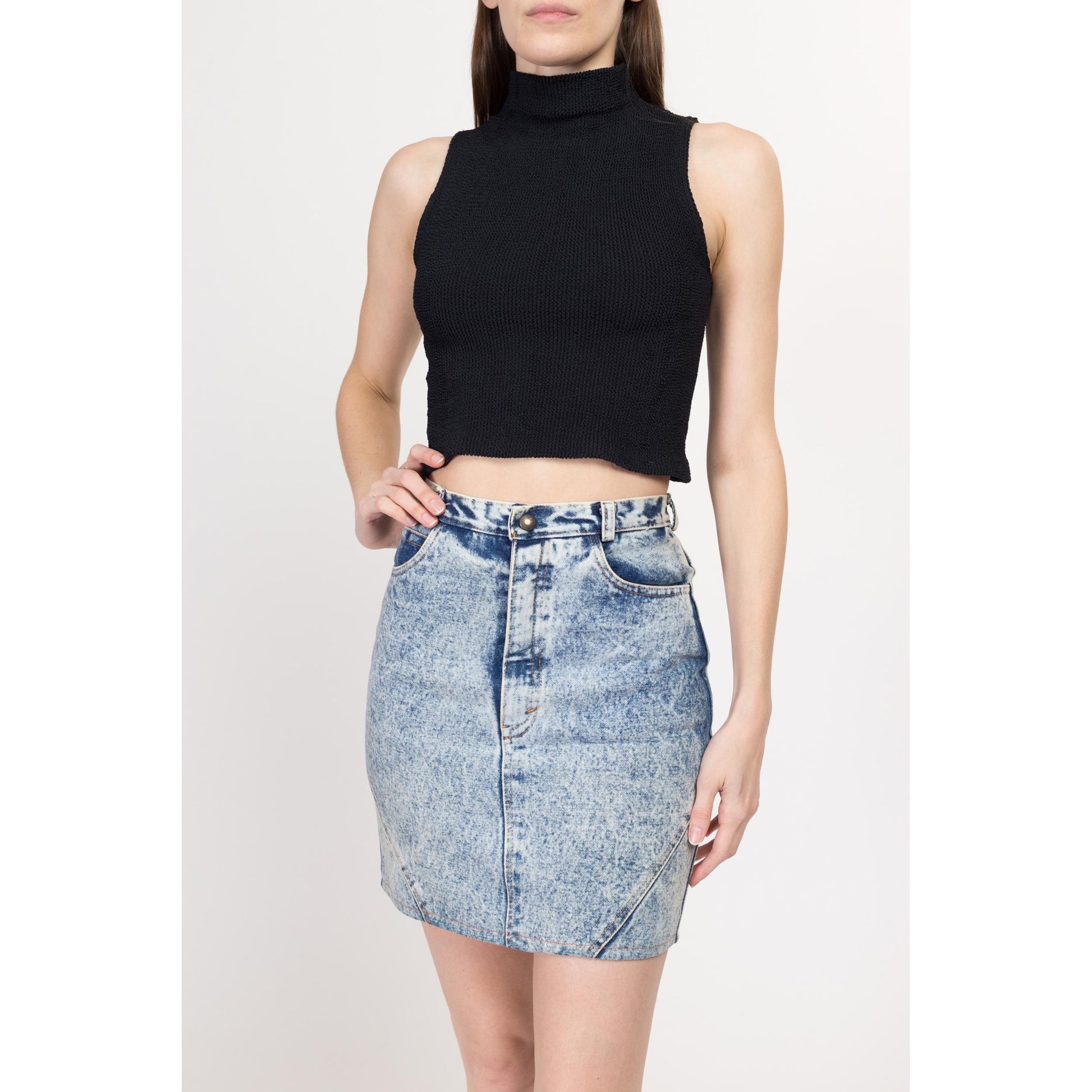 XS 80s Acid Wash Denim Mini Skirt 26" | Vintage High Waisted Zipper Pocket Jean Pencil Skirt