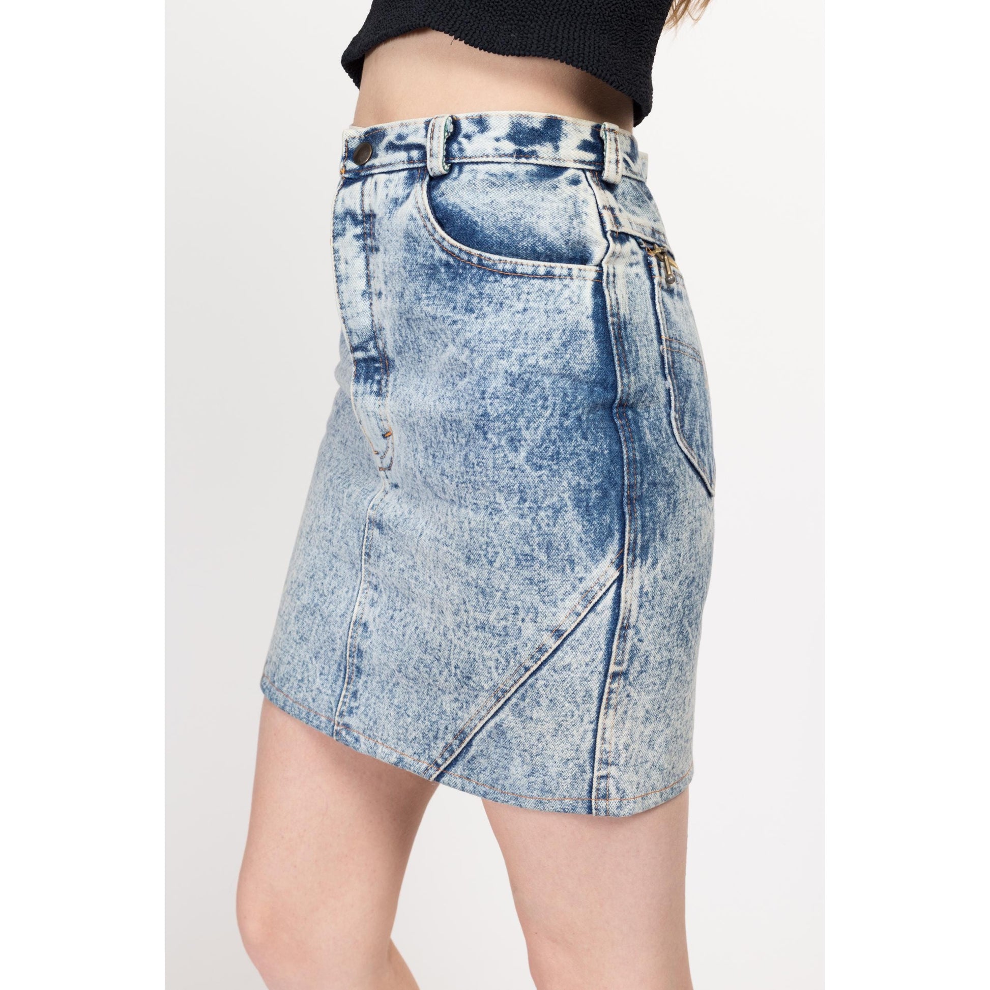 XS 80s Acid Wash Denim Mini Skirt 26" | Vintage High Waisted Zipper Pocket Jean Pencil Skirt