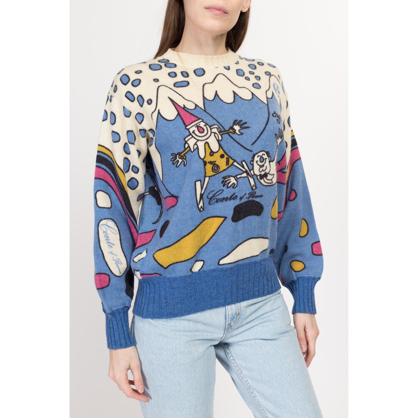 Medium 80s Novelty Skiing Sweater | Vintage Conte Of Florence Blue White Wool Knit Pullover