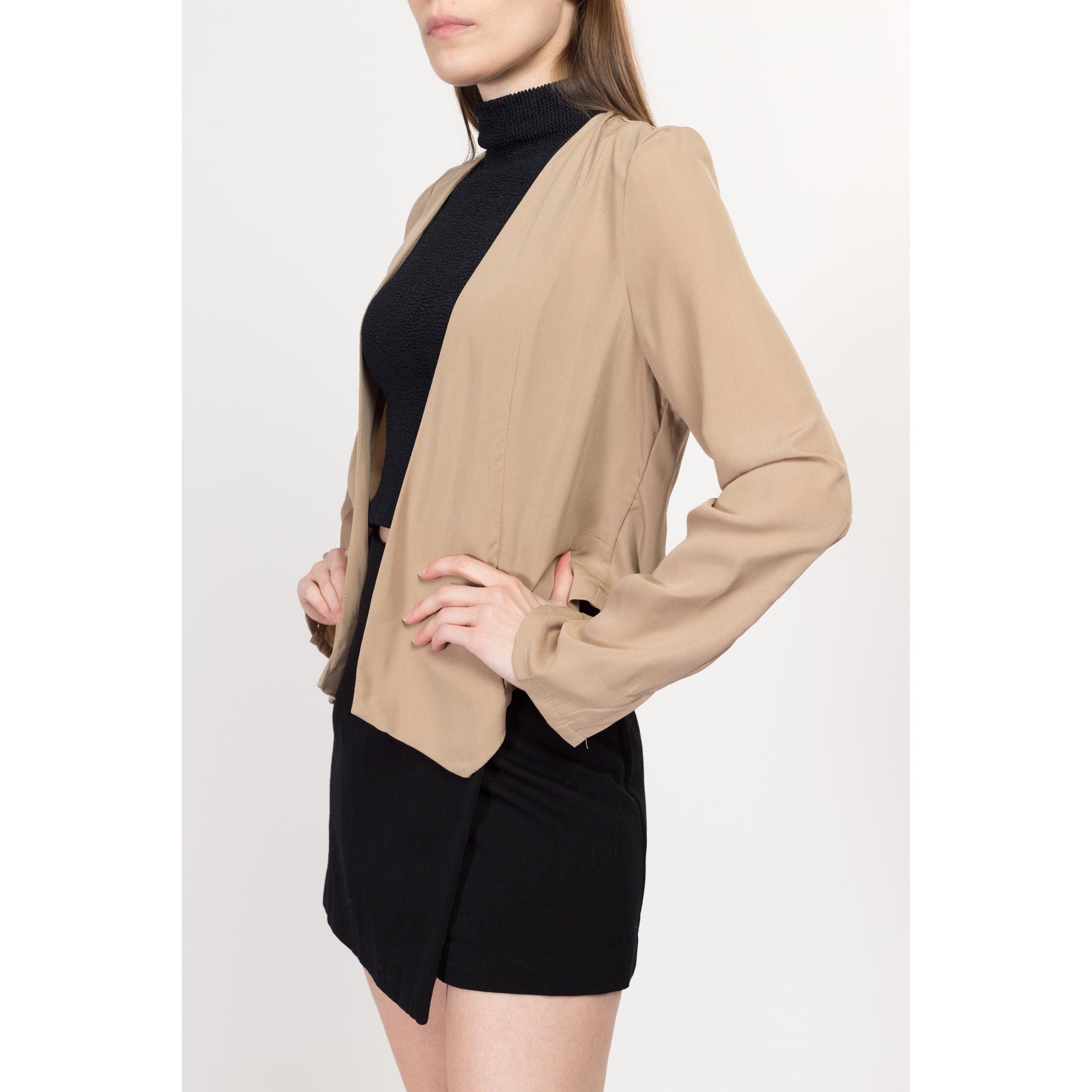 Large Y2K Tan Fringe Back Blazer Top | Vintage Long Sleeve Open Fit Overshirt