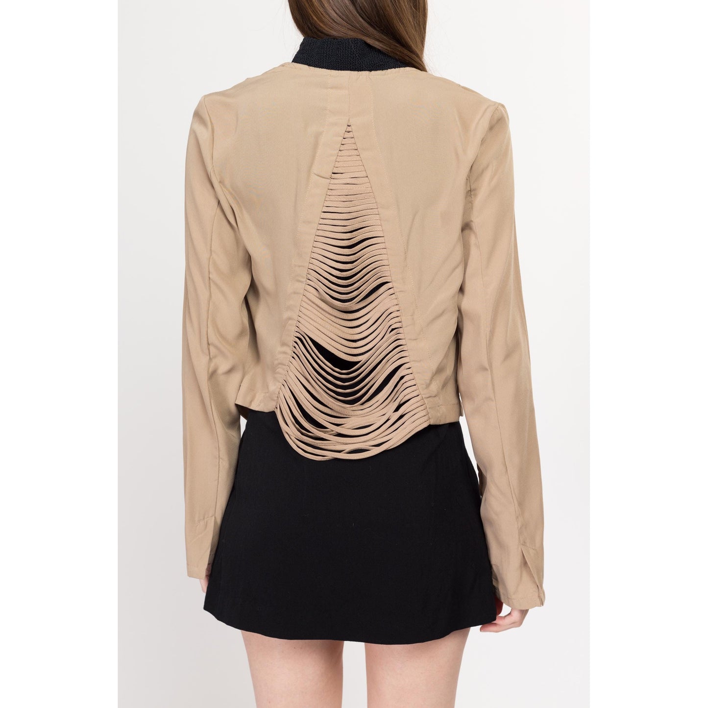 Large Y2K Tan Fringe Back Blazer Top | Vintage Long Sleeve Open Fit Overshirt