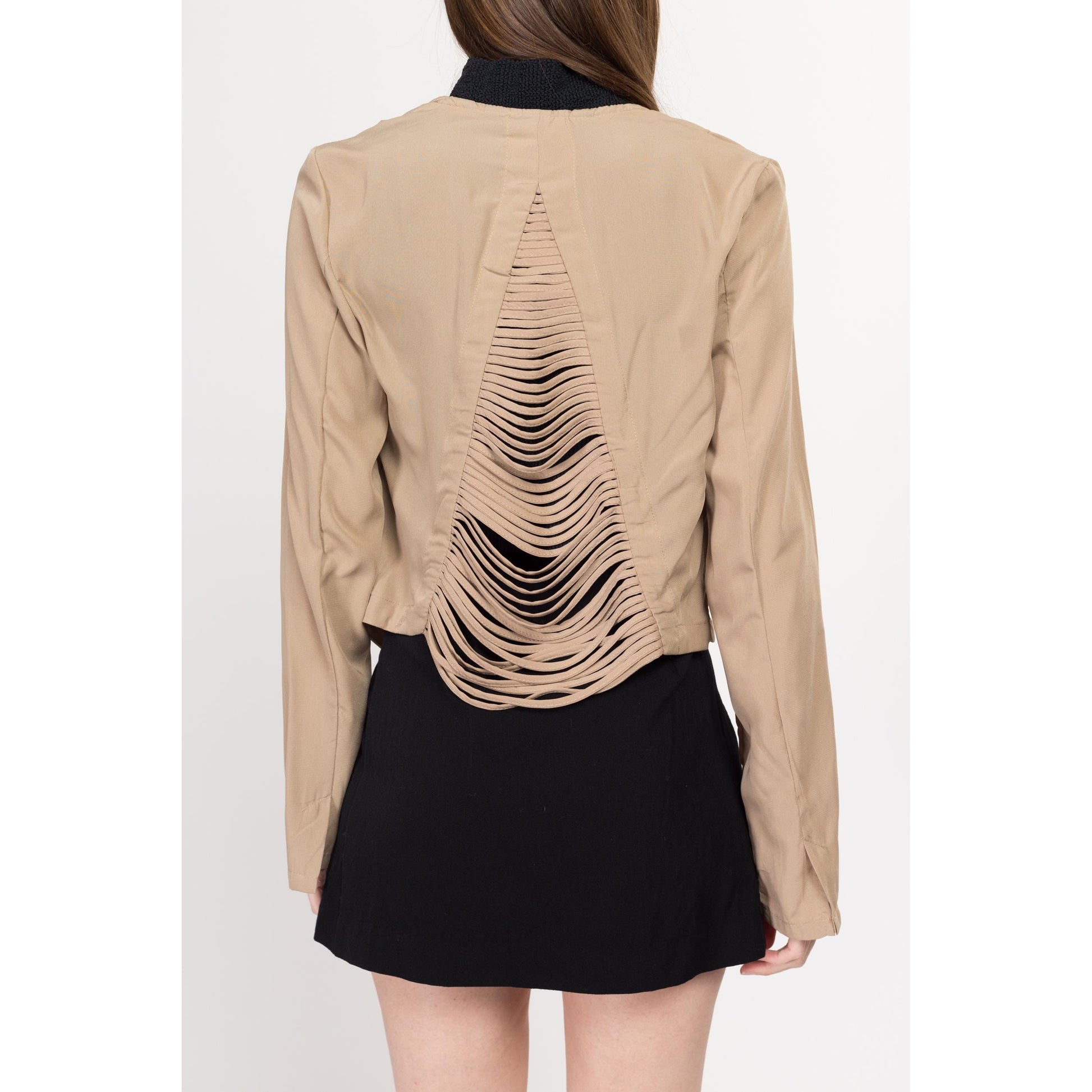 Large Y2K Tan Fringe Back Blazer Top | Vintage Long Sleeve Open Fit Overshirt