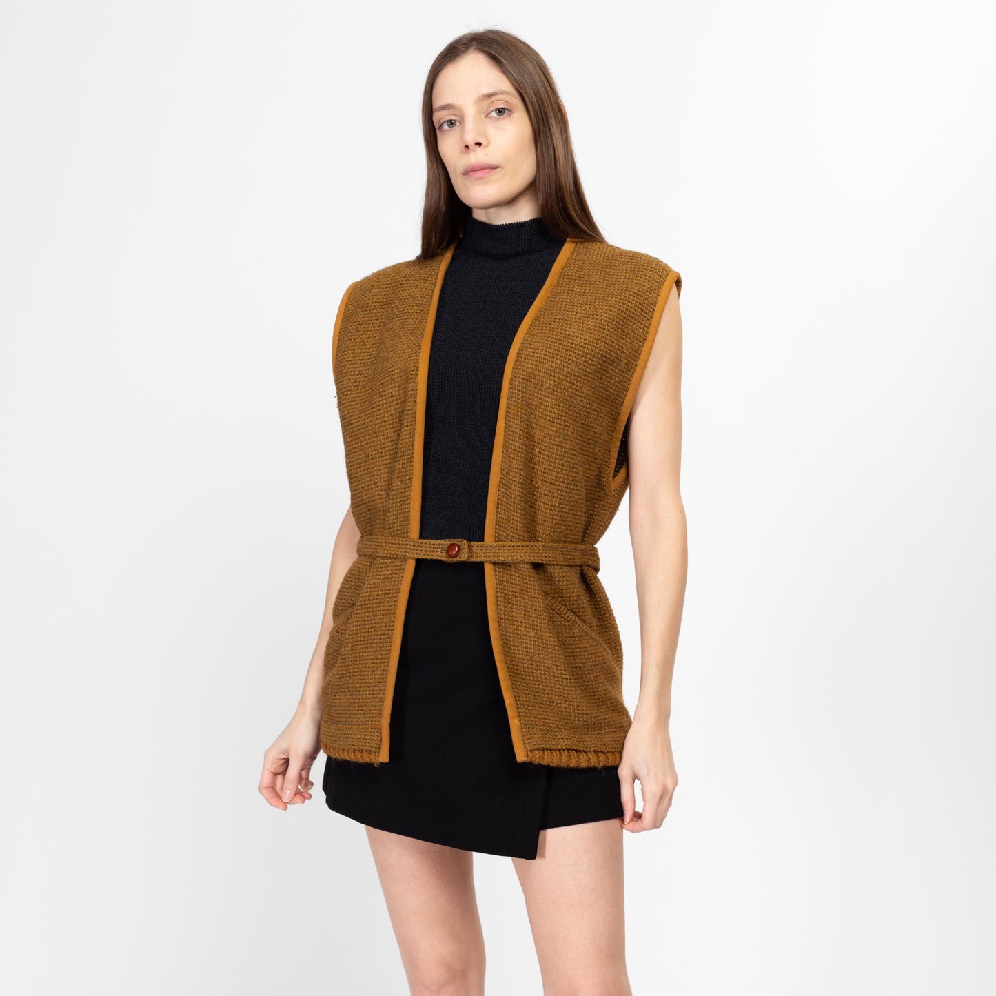 Medium 80s Callaghan Wool Tweed Vest | Vintage Italian Designer Mustard Yellow Belted Sweater Top