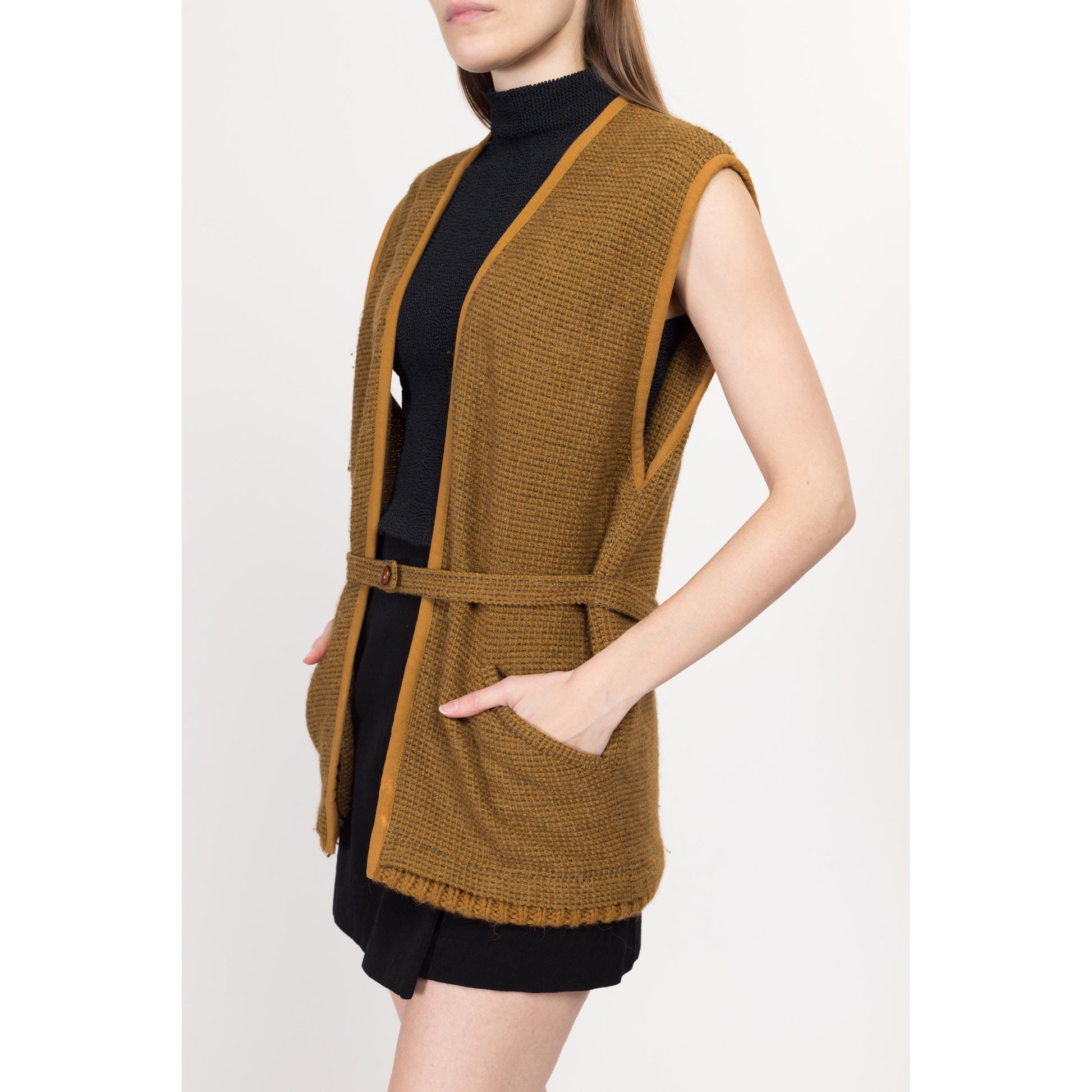 Medium 80s Callaghan Wool Tweed Vest | Vintage Italian Designer Mustard Yellow Belted Sweater Top