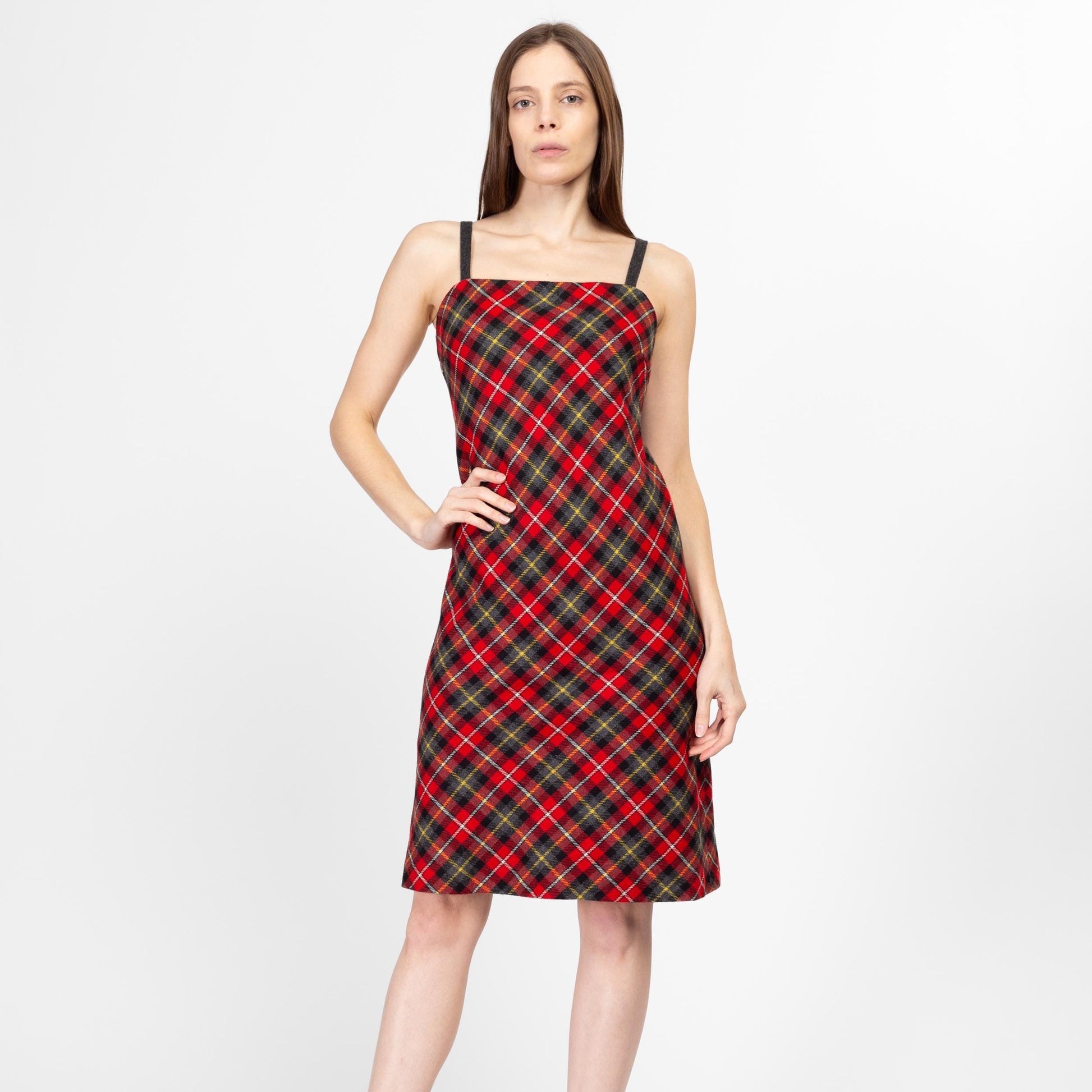 XS 90s Tommy Hilfiger Red Plaid A Line Dress | Vintage Spaghetti Strap Knit Midi Dress