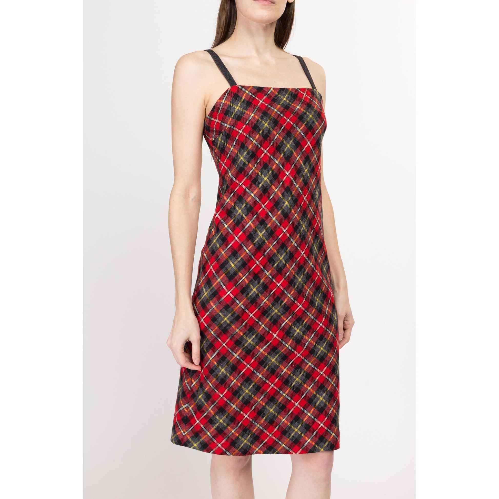 XS 90s Tommy Hilfiger Red Plaid A Line Dress | Vintage Spaghetti Strap Knit Midi Dress