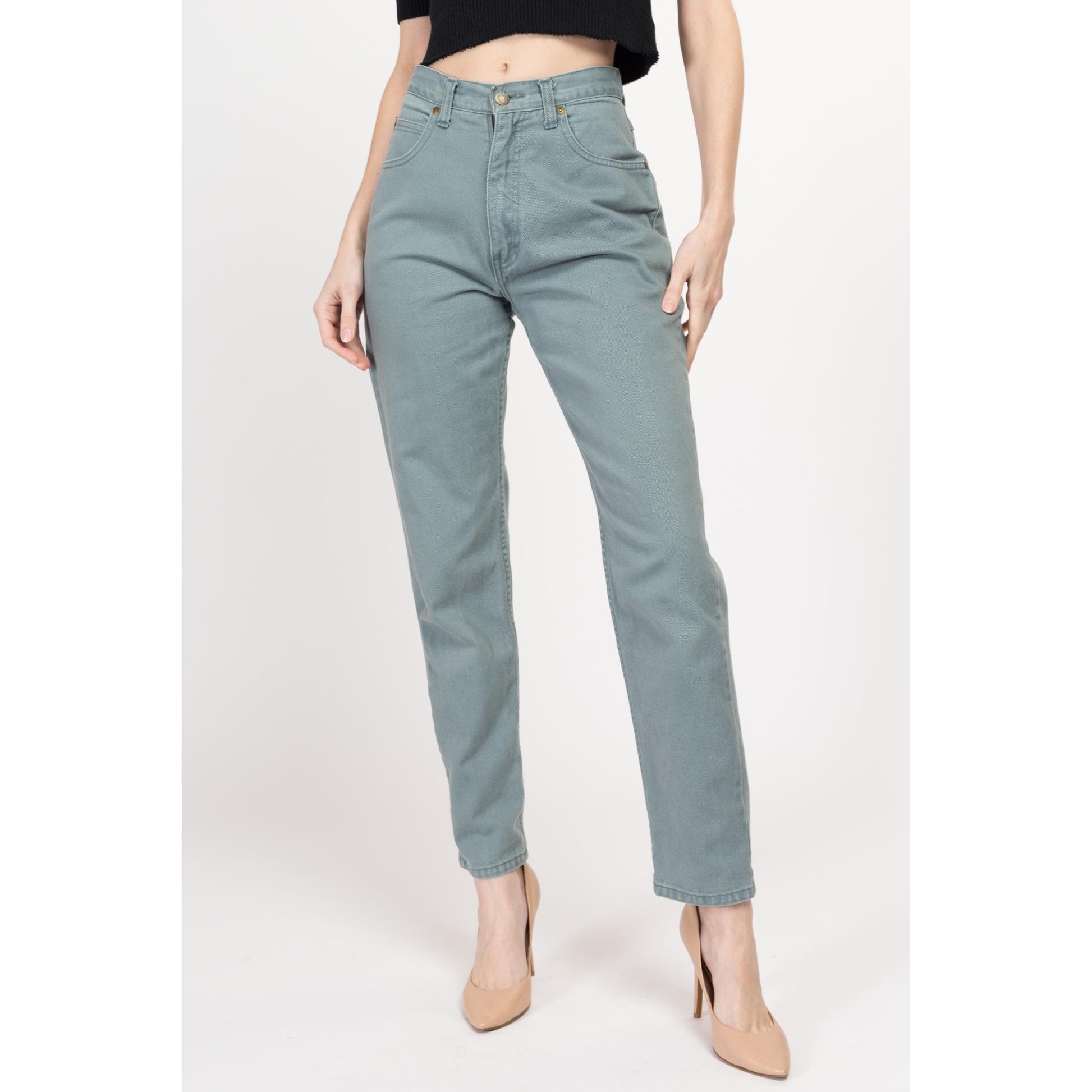 Small 90s Eddie Bauer Sage Green High Waisted Jeans 26.5" | Vintage Denim Tapered Leg Mom Jeans