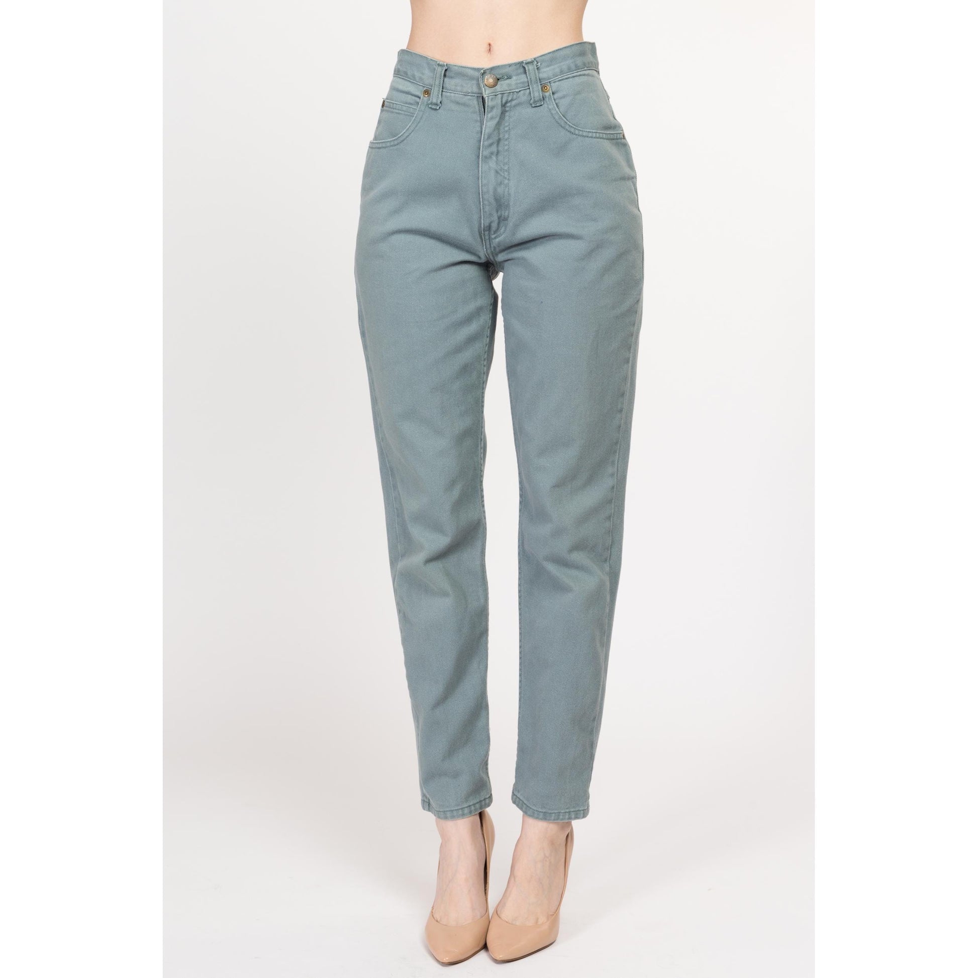 Small 90s Eddie Bauer Sage Green High Waisted Jeans 26.5" | Vintage Denim Tapered Leg Mom Jeans