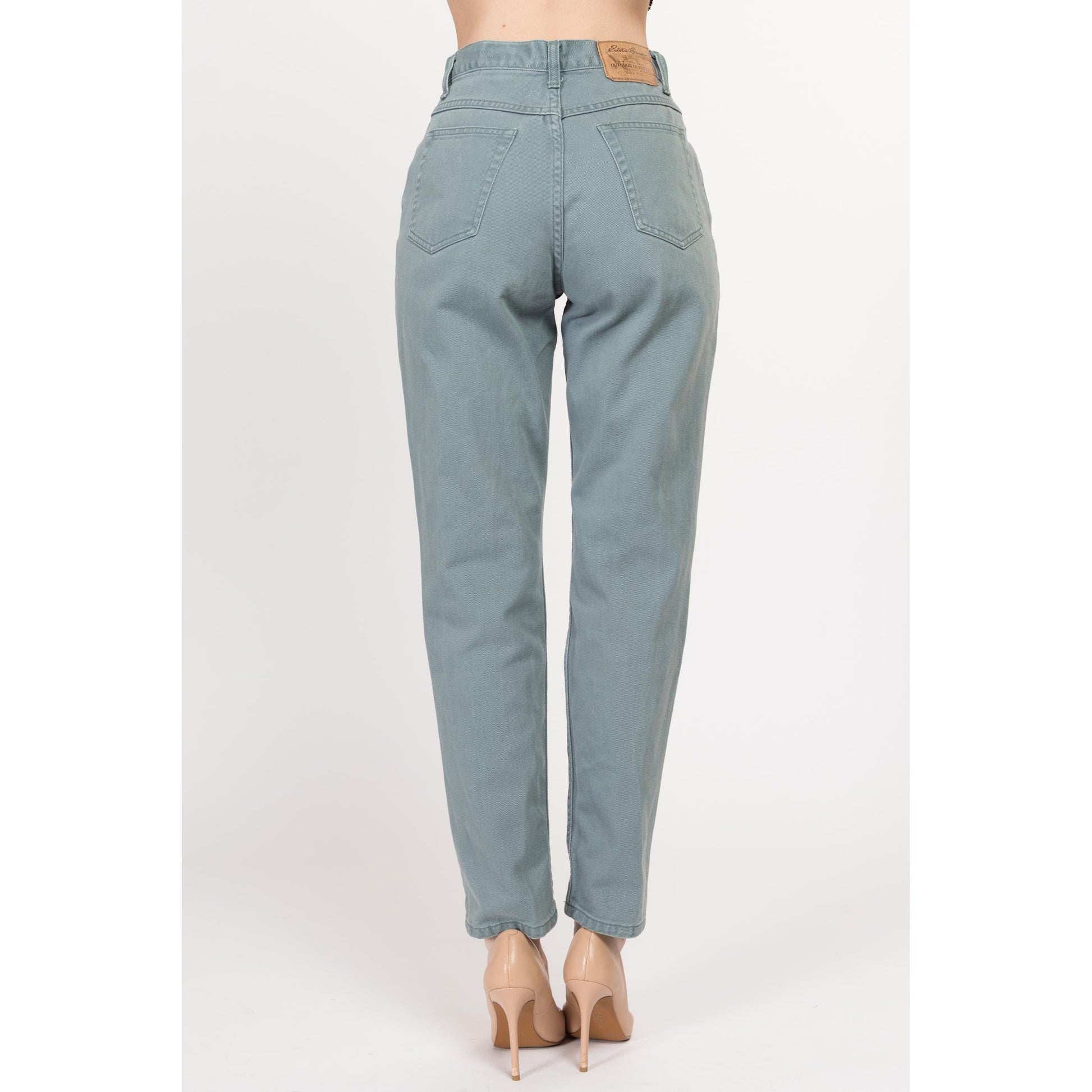 Small 90s Eddie Bauer Sage Green High Waisted Jeans 26.5" | Vintage Denim Tapered Leg Mom Jeans