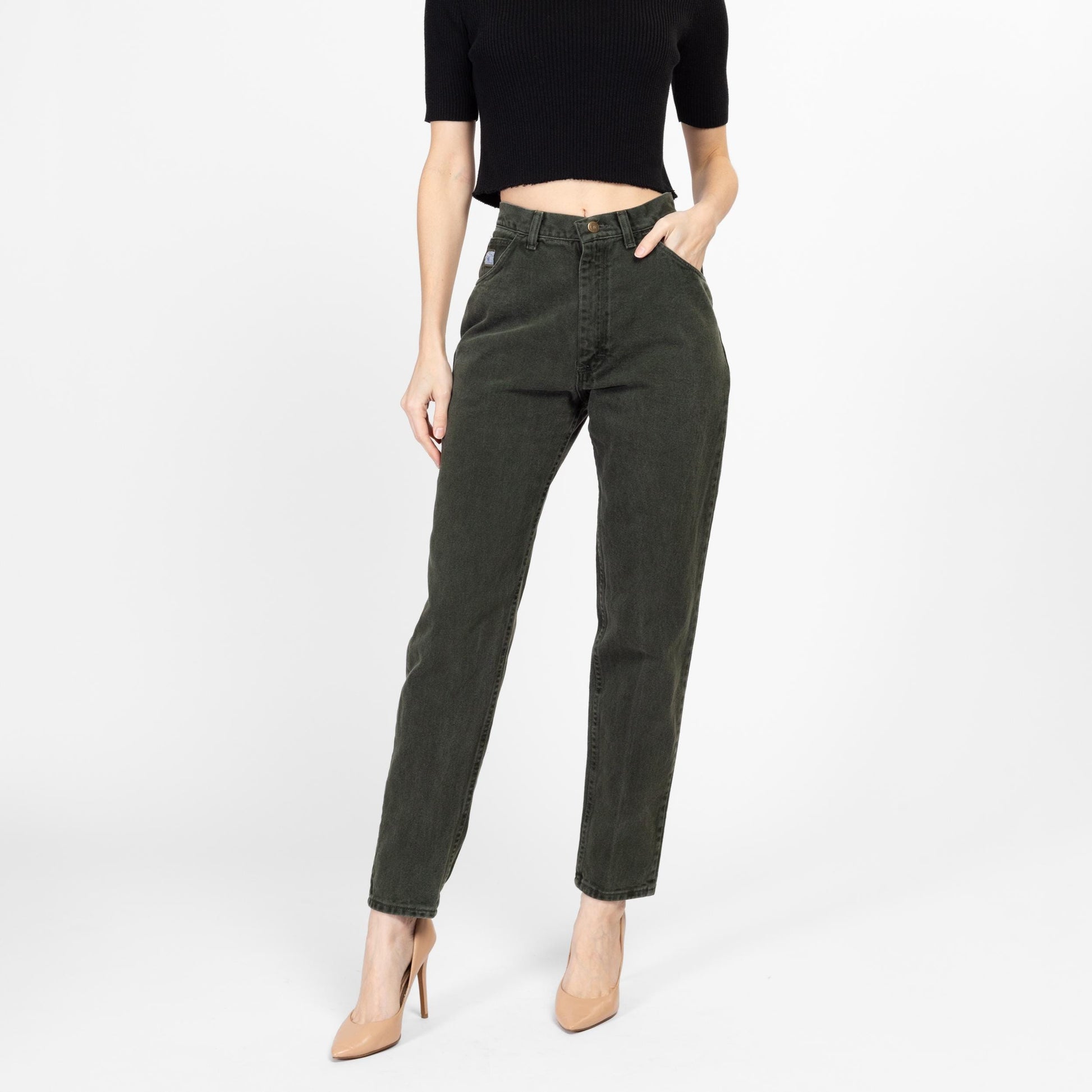 Small 90s Wrangler Army Green High Waisted Jeans 26" | Vintage Denim Tapered Leg Mom Jeans