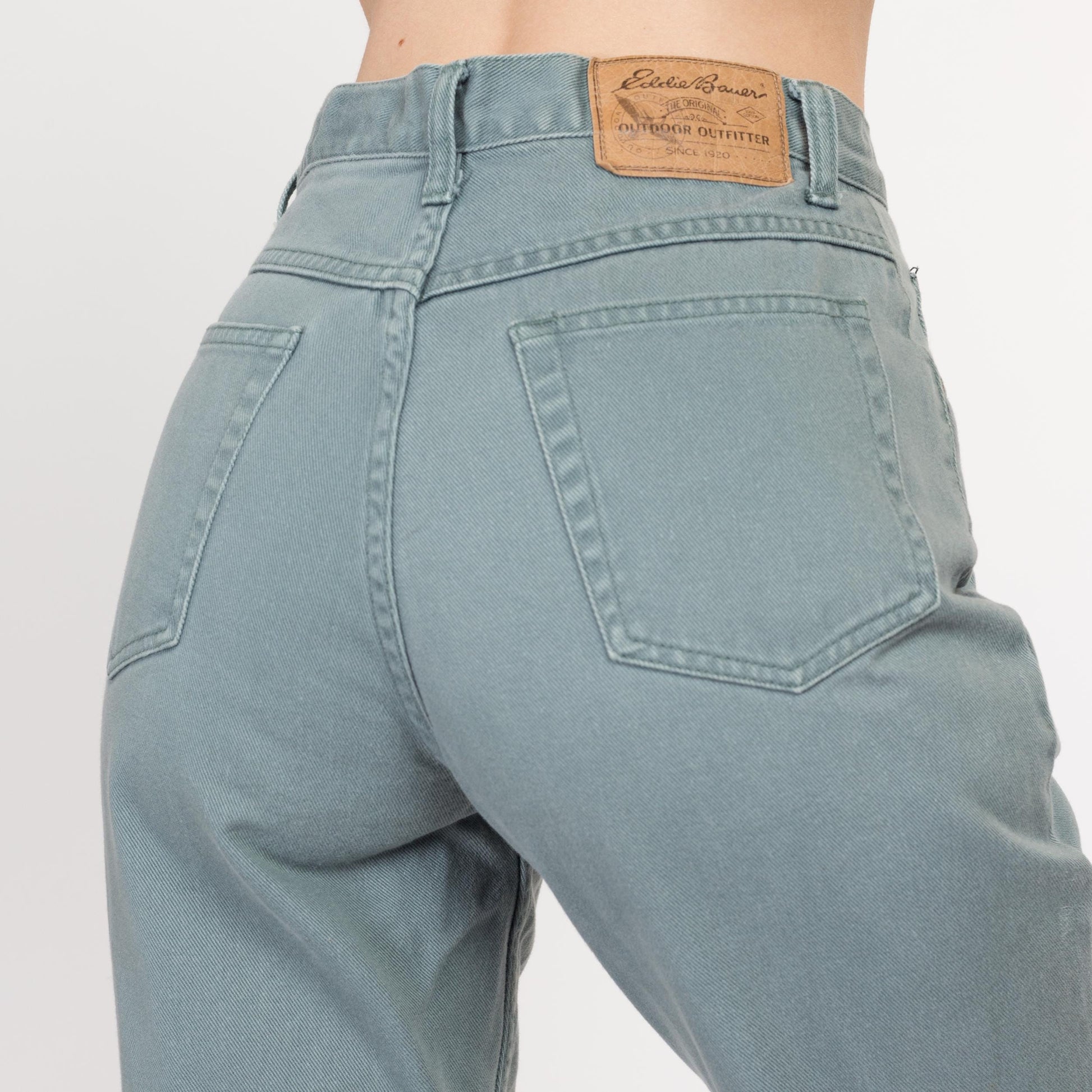 Small 90s Eddie Bauer Sage Green High Waisted Jeans 26.5" | Vintage Denim Tapered Leg Mom Jeans