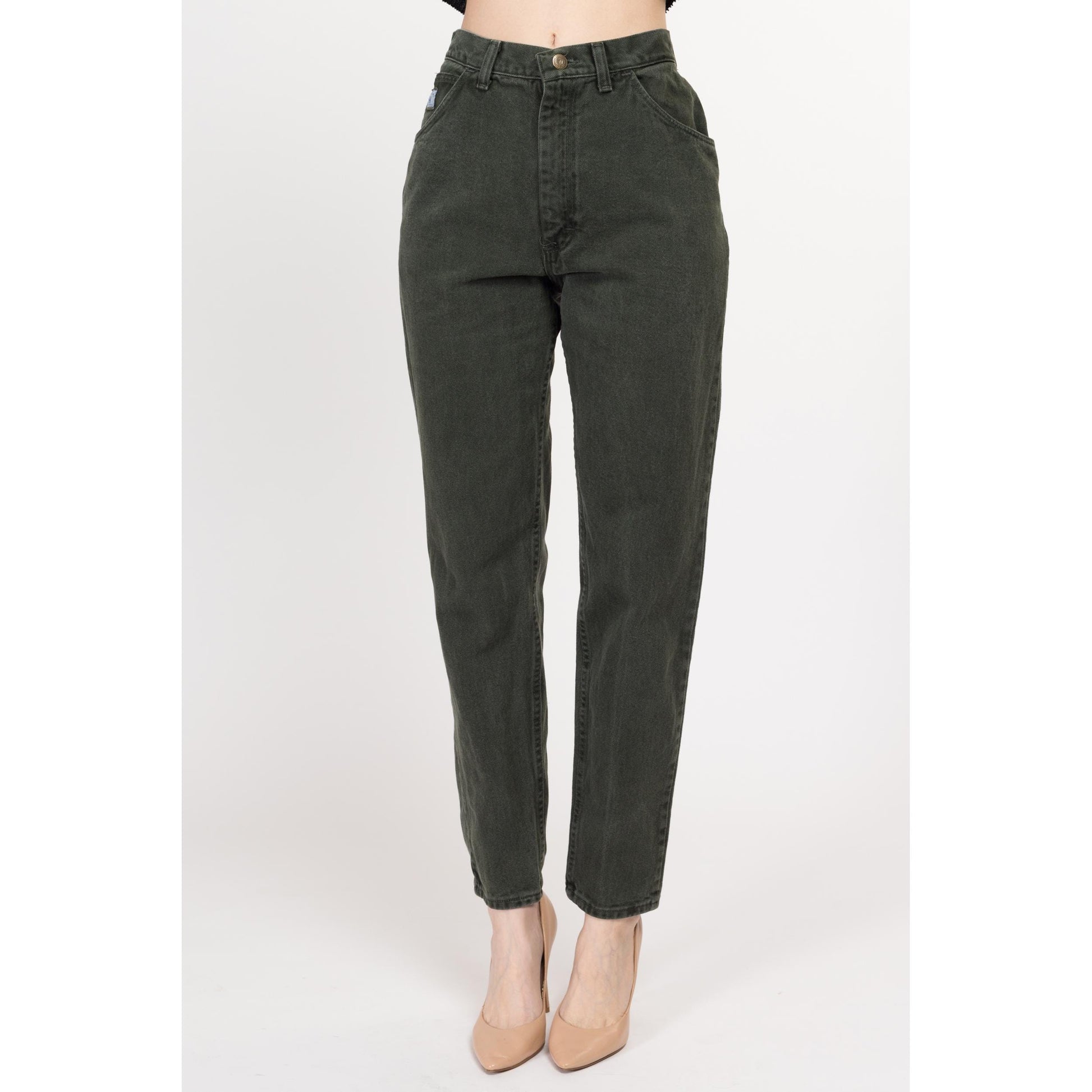 Small 90s Wrangler Army Green High Waisted Jeans 26" | Vintage Denim Tapered Leg Mom Jeans