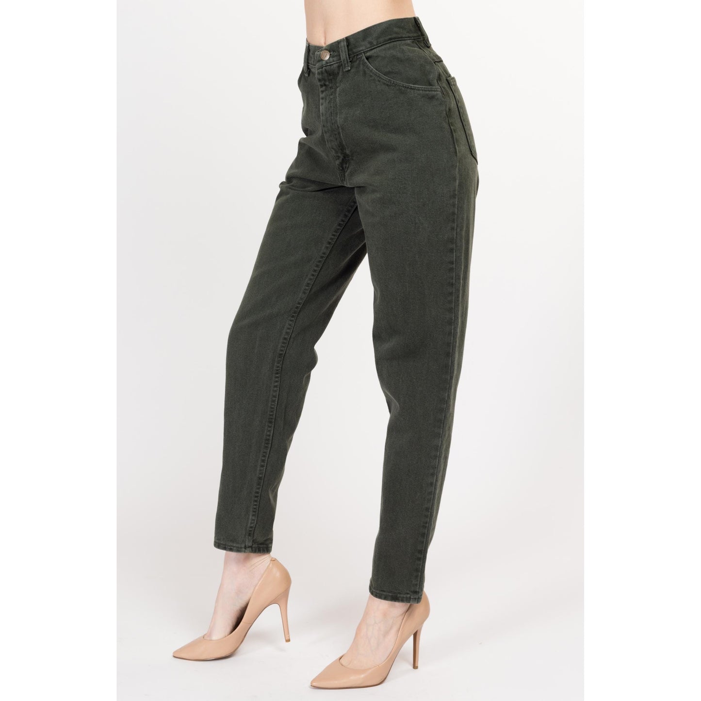 Small 90s Wrangler Army Green High Waisted Jeans 26" | Vintage Denim Tapered Leg Mom Jeans