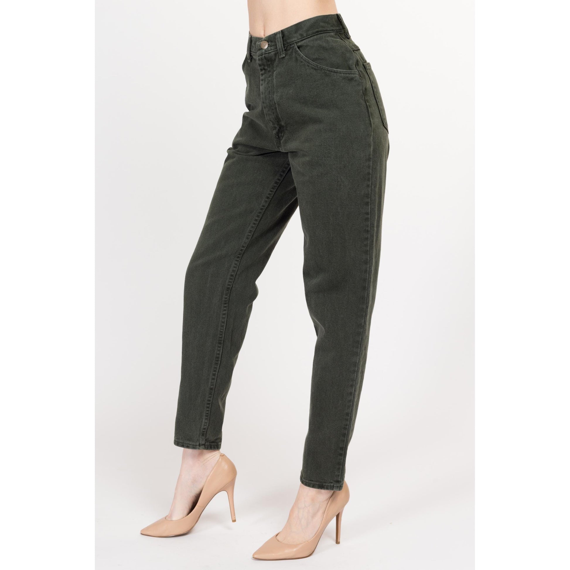 Small 90s Wrangler Army Green High Waisted Jeans 26" | Vintage Denim Tapered Leg Mom Jeans