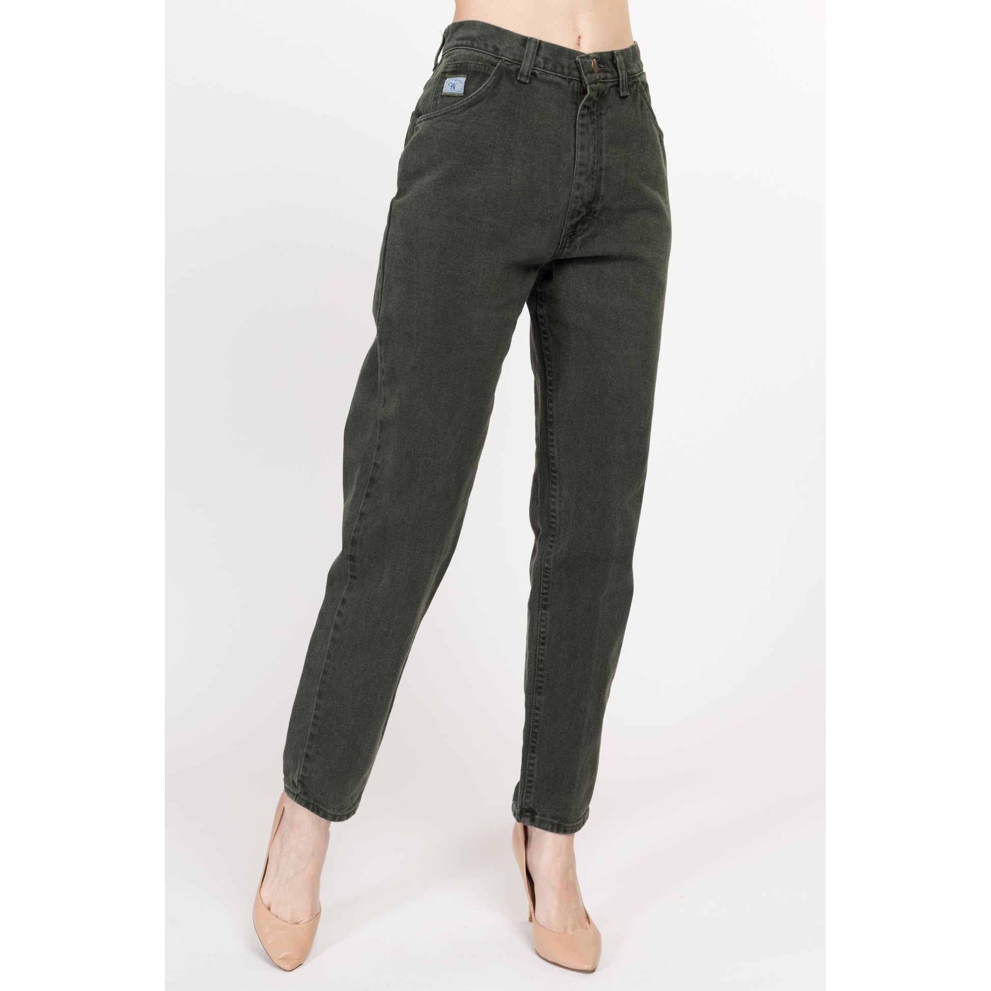 Small 90s Wrangler Army Green High Waisted Jeans 26" | Vintage Denim Tapered Leg Mom Jeans