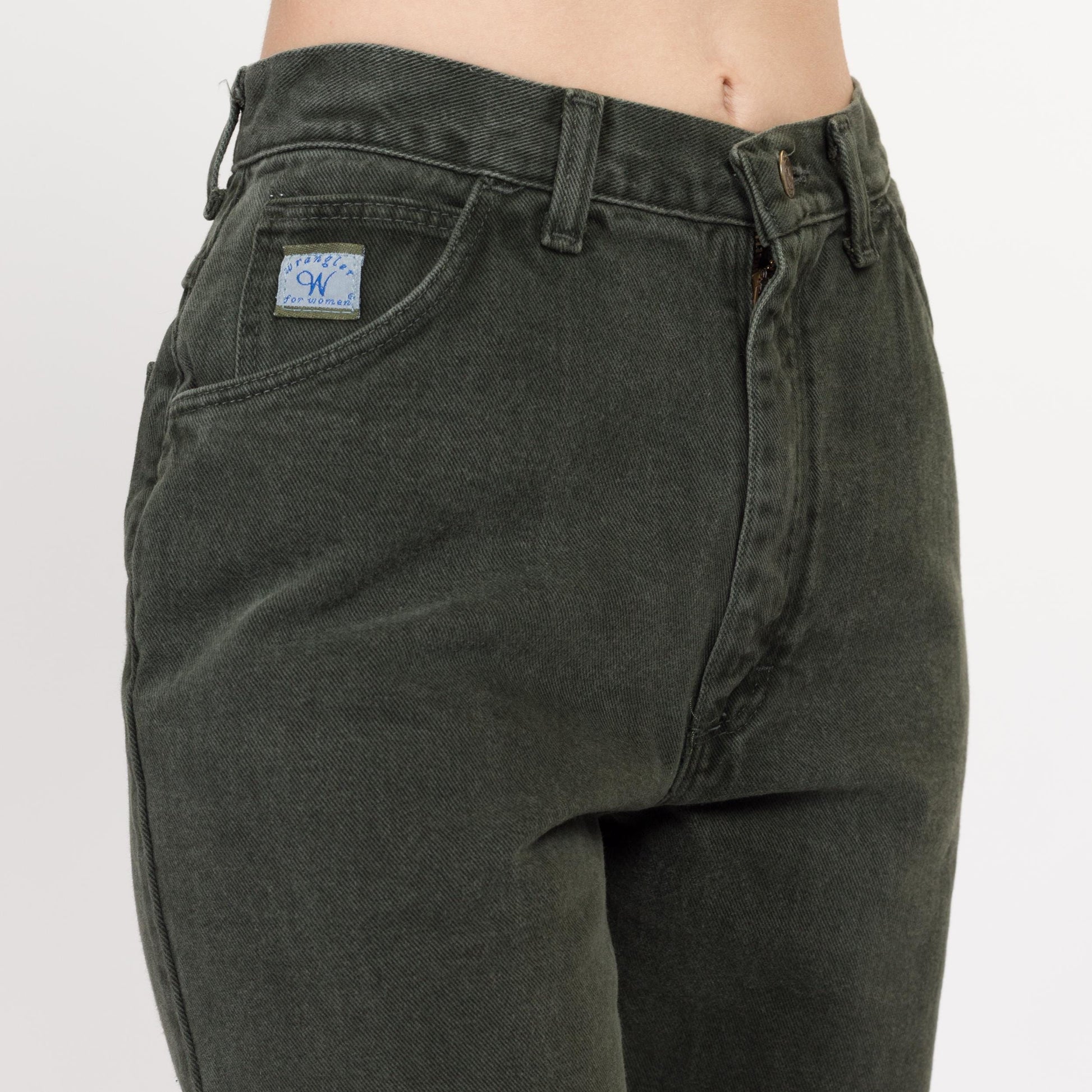 Small 90s Wrangler Army Green High Waisted Jeans 26" | Vintage Denim Tapered Leg Mom Jeans
