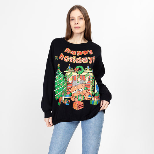 2X 90s Happy Holidays Teddy Bear Sweatshirt | Vintage Black Sparkle Puff Paint Graphic Christmas Crewneck