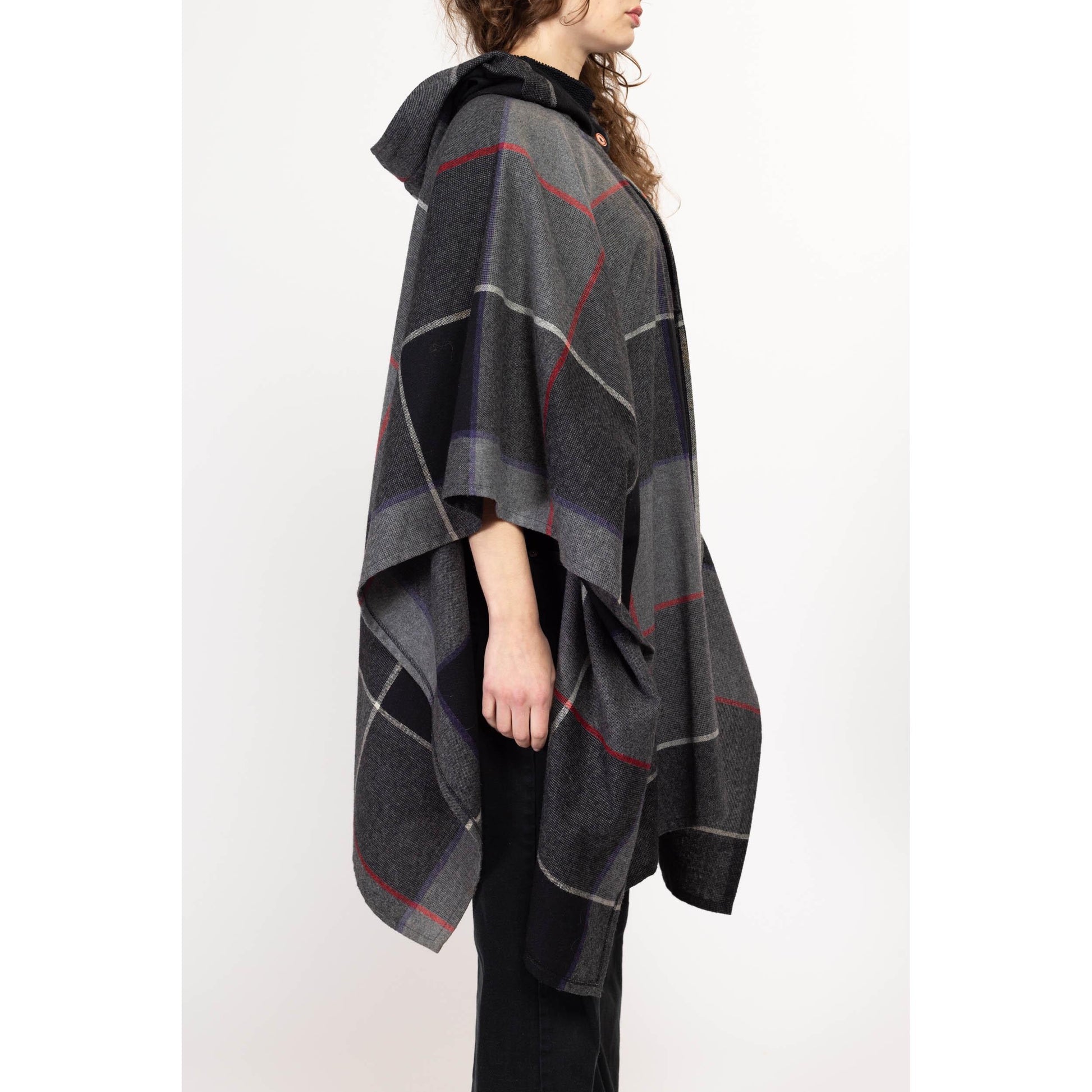 One Size 80s Grey Plaid Wool Hooded Poncho | Boho Vintage Fall Winter Long Cape