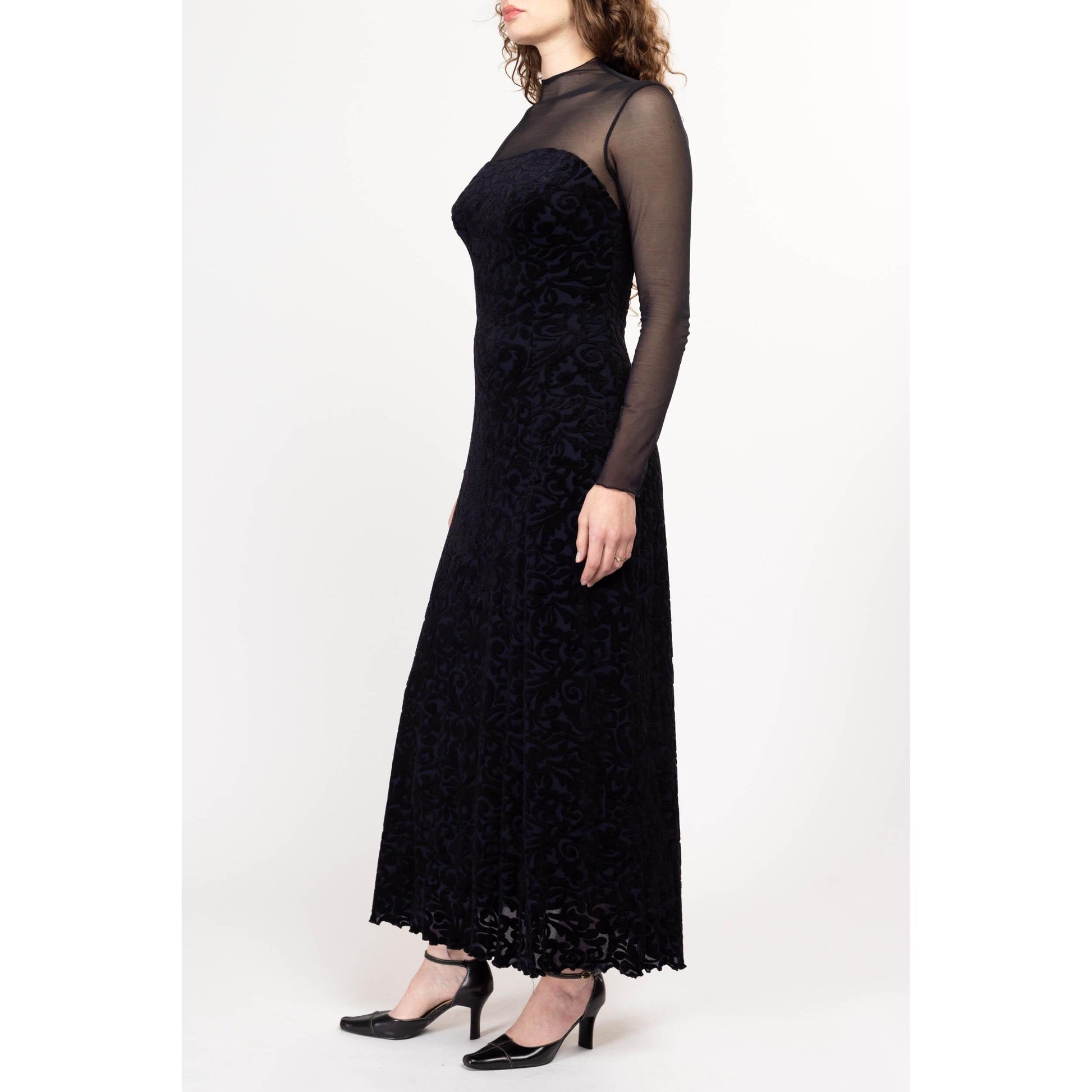 Sm-Med 80s Black Velvet Burnout Strapless Illusion Gown | Vintage Sheer Long Sleeve Button Back Maxi Dress