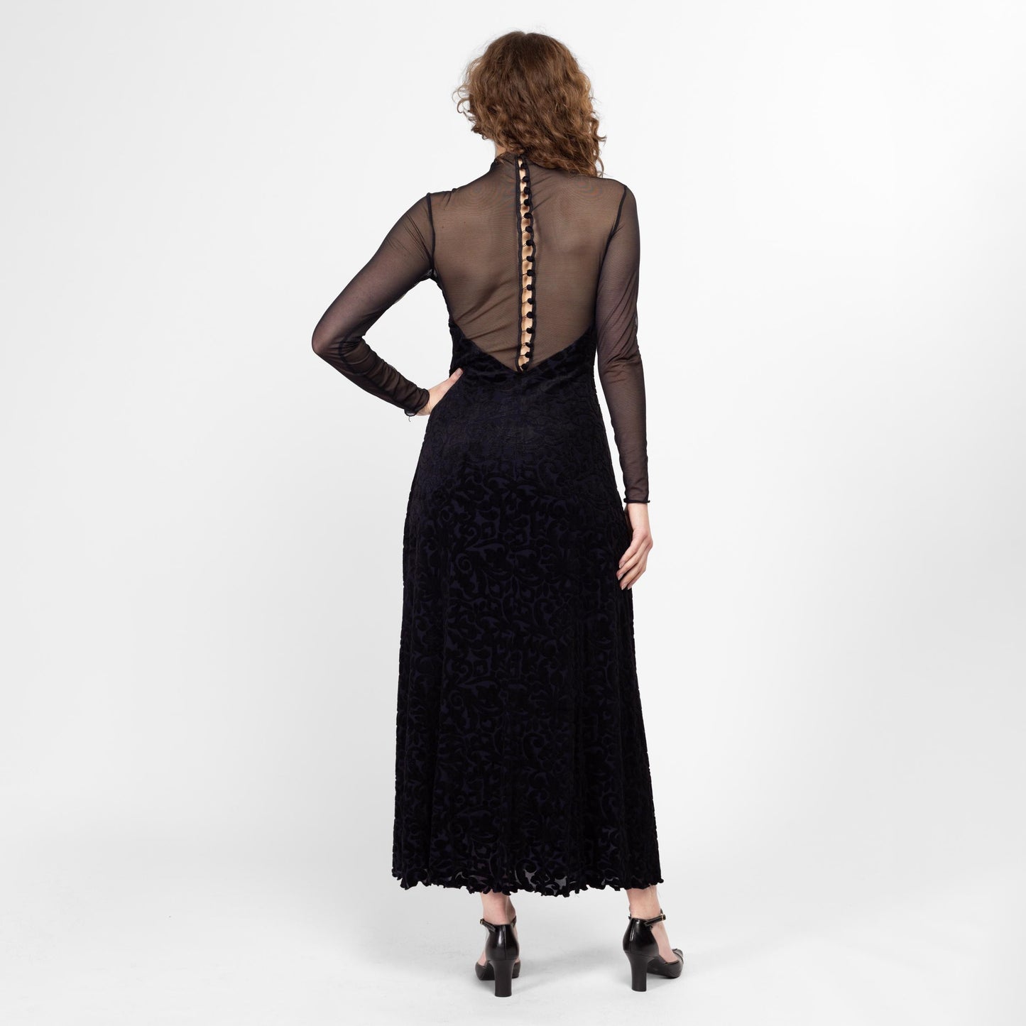 Sm-Med 80s Black Velvet Burnout Strapless Illusion Gown | Vintage Sheer Long Sleeve Button Back Maxi Dress