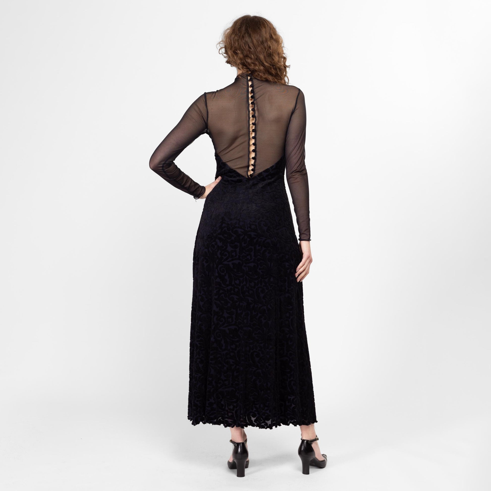Sm-Med 80s Black Velvet Burnout Strapless Illusion Gown | Vintage Sheer Long Sleeve Button Back Maxi Dress