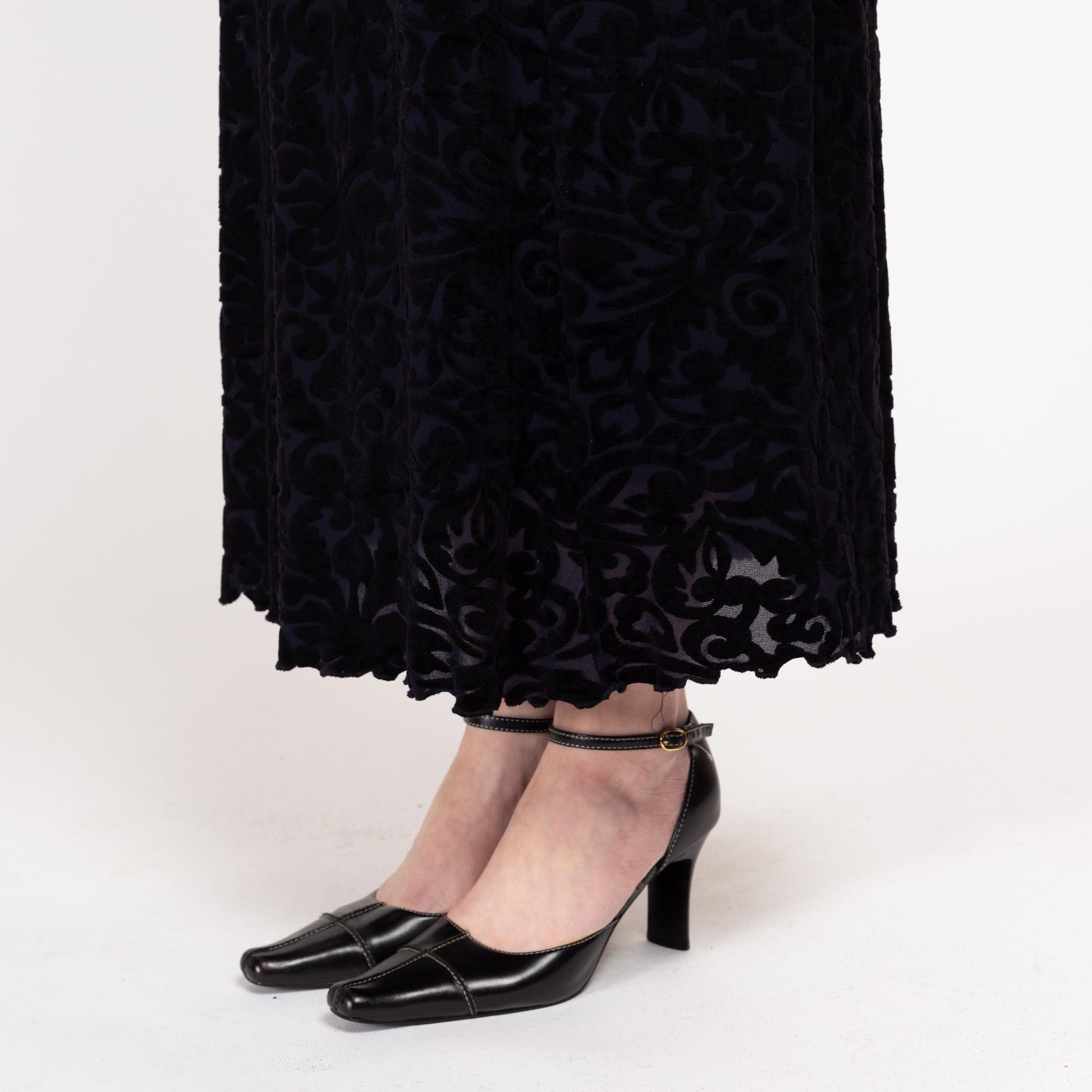 Sm-Med 80s Black Velvet Burnout Strapless Illusion Gown | Vintage Sheer Long Sleeve Button Back Maxi Dress