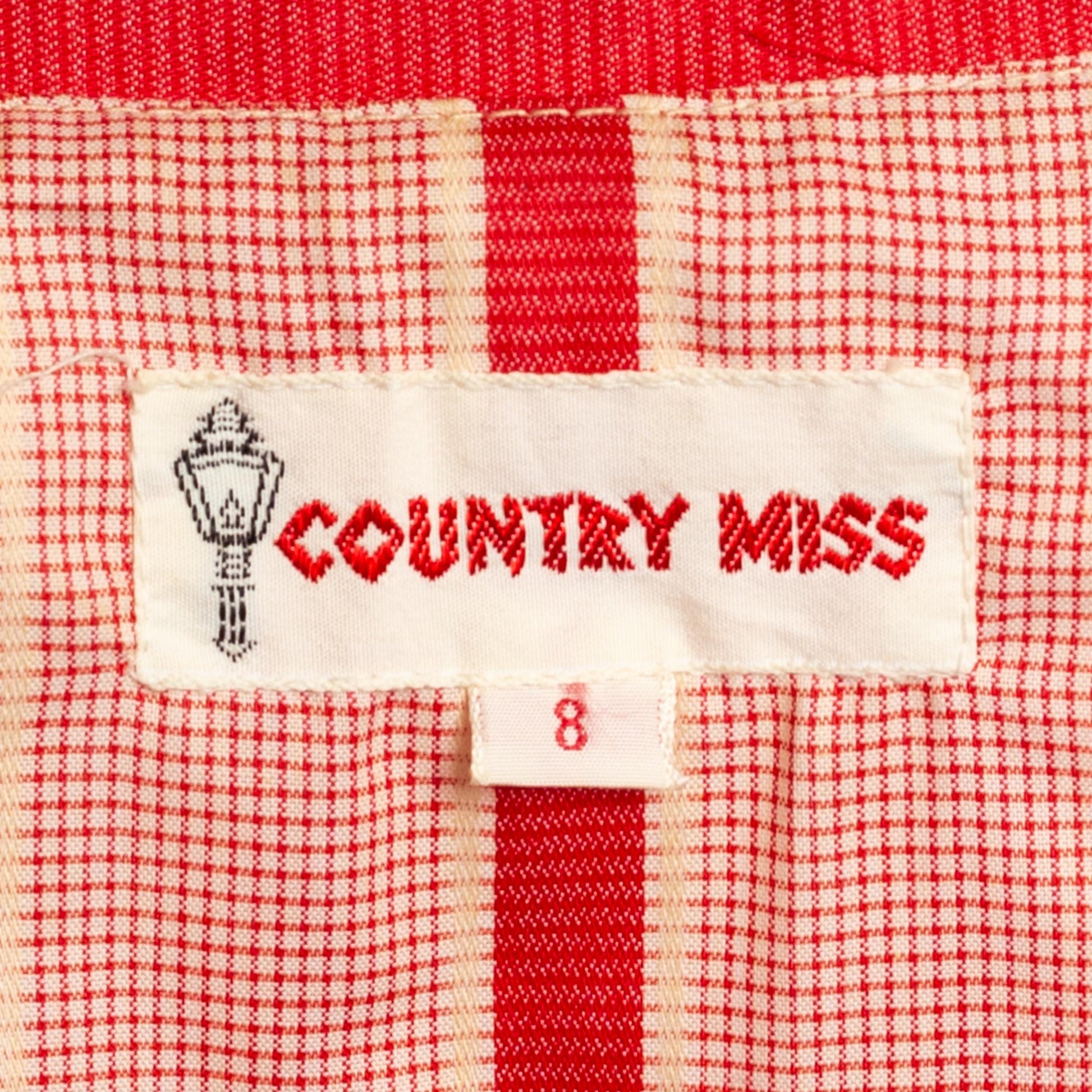 Small 70s Red & White Ric Rac Trim Belted Shirtdress | Vintage Knee Length Long Sleeved Striped Dress