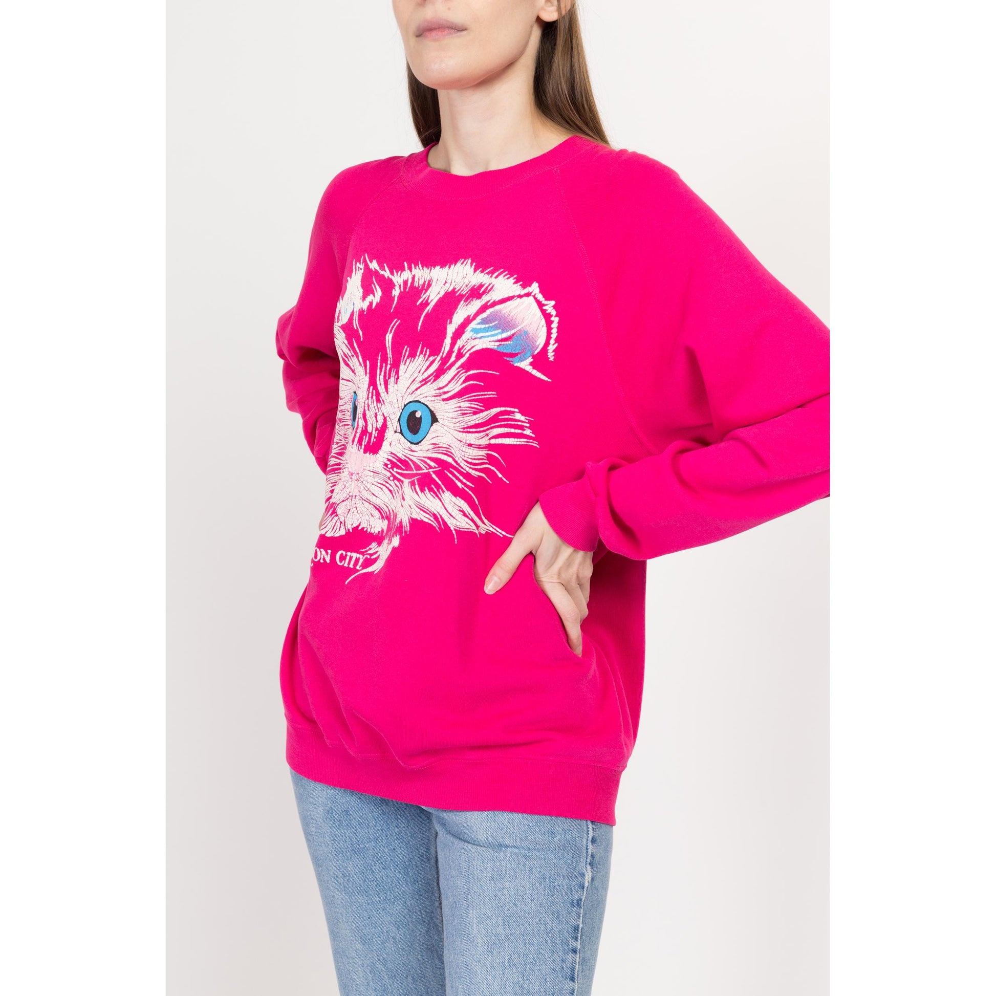 Large 90s Hot Pink Cat Graphic Sweatshirt | Vintage Raglan Sleeve Carson City Souvenir Crewneck