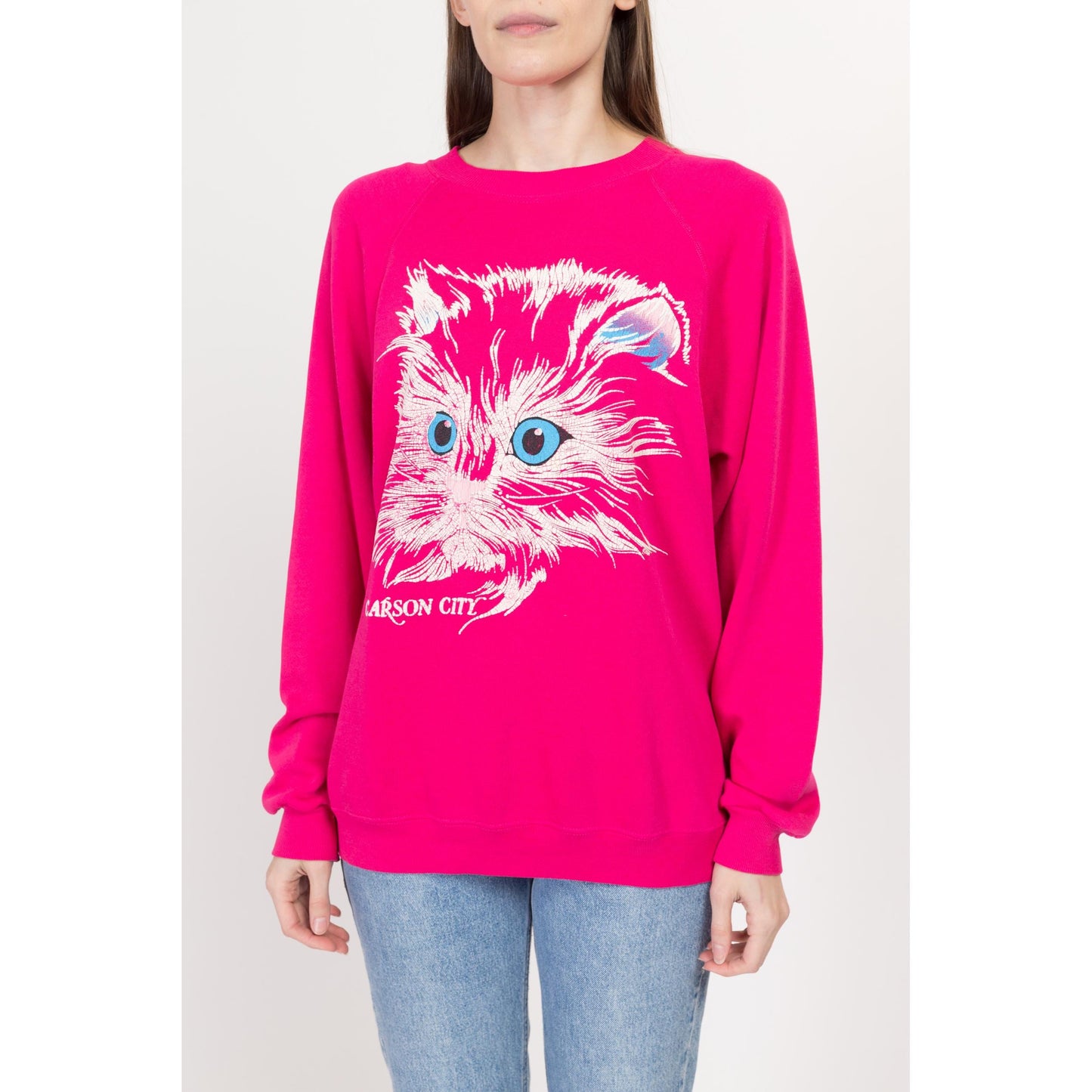 Large 90s Hot Pink Cat Graphic Sweatshirt | Vintage Raglan Sleeve Carson City Souvenir Crewneck