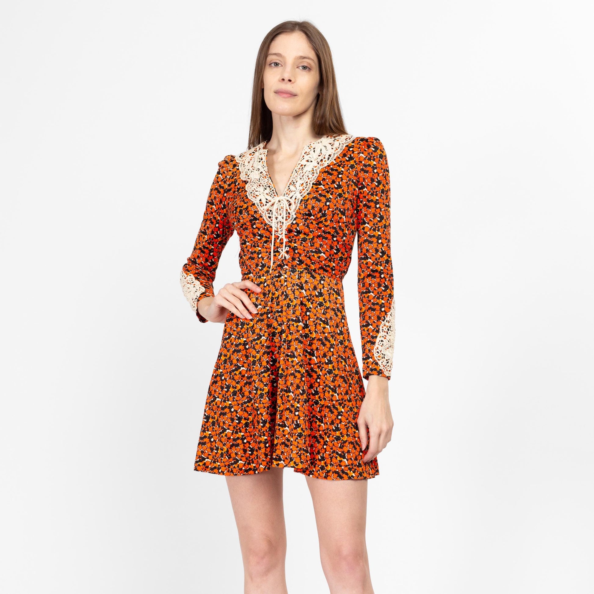 Xs 70s Boho Orange Floral Babydoll Mini Dress Xs 70s Boho Orange Floral Babydoll Mini Dress