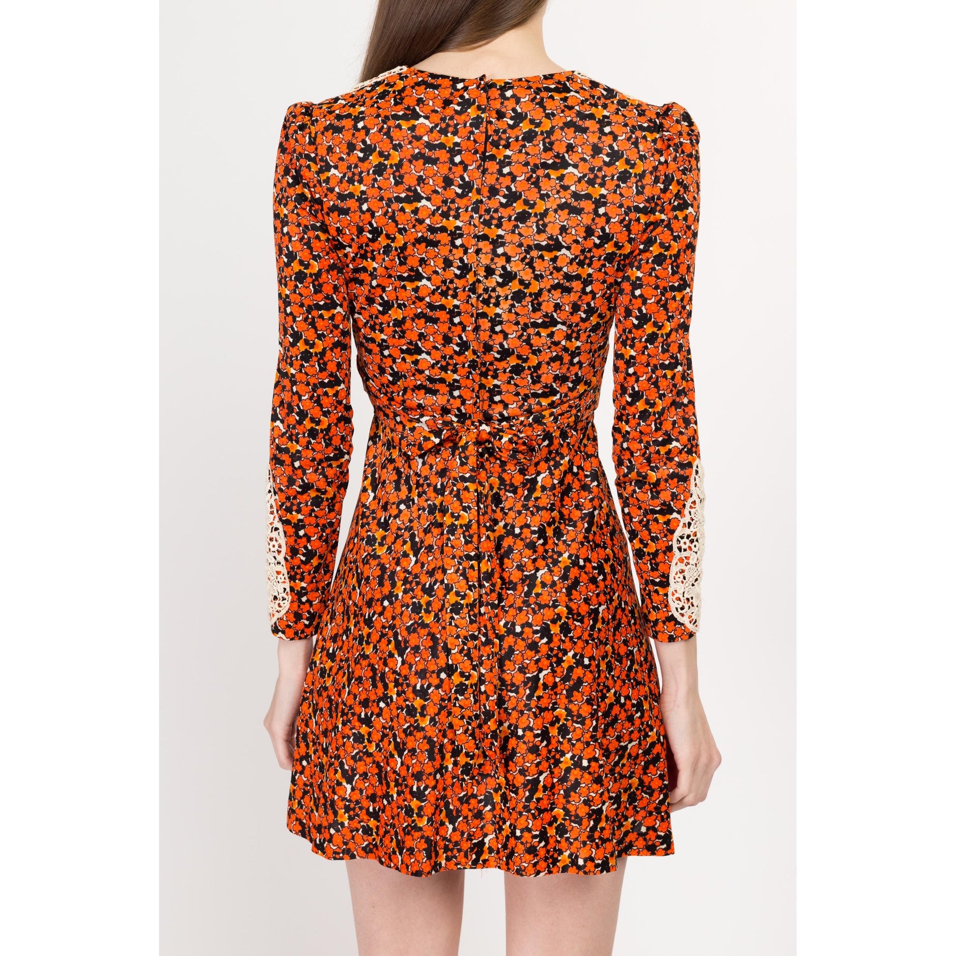 XS 70s Boho Orange Floral Babydoll Mini Dress | Vintage Corset Tie A Line Long Sleeve Prairie Dress