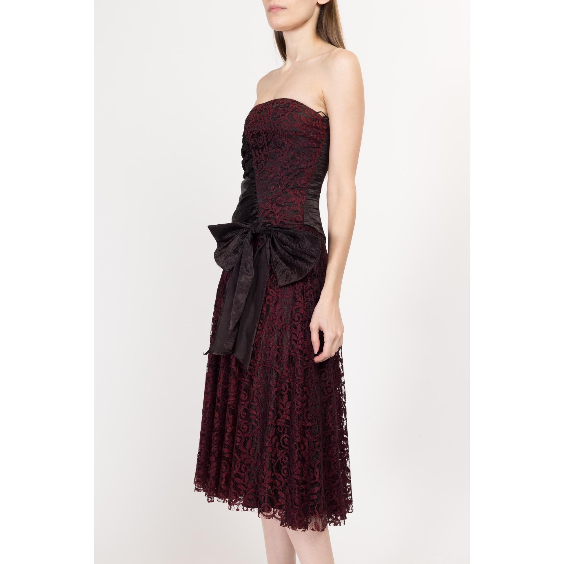 XS 80s Red Lace & Black Satin Strapless Party Dress | Vintage Fit Flare Gothic Formal Midi Dress