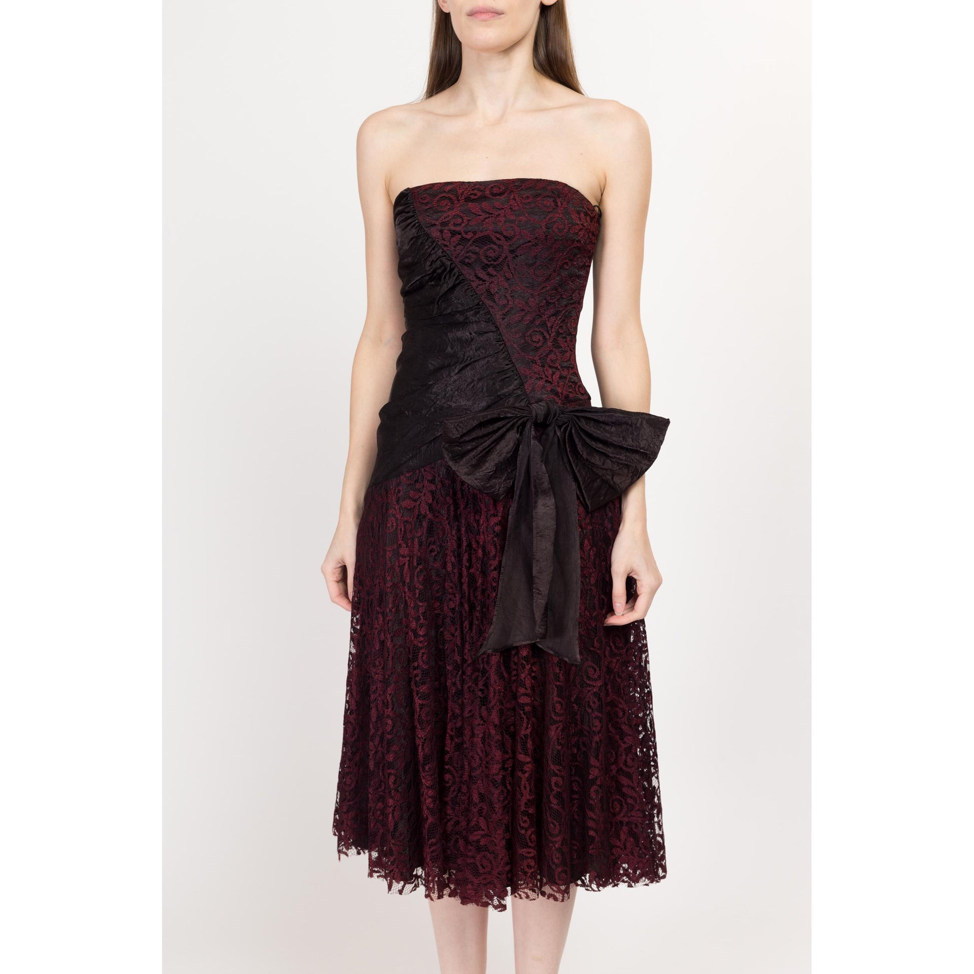 XS 80s Red Lace & Black Satin Strapless Party Dress | Vintage Fit Flare Gothic Formal Midi Dress