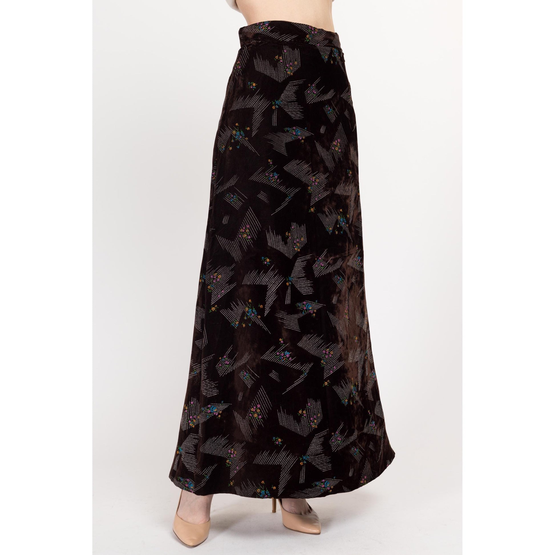 Small 70s Abstract Floral Dark Brown Velvet Maxi Skirt 27" | Vintage High Waisted A Line Hostess Skirt