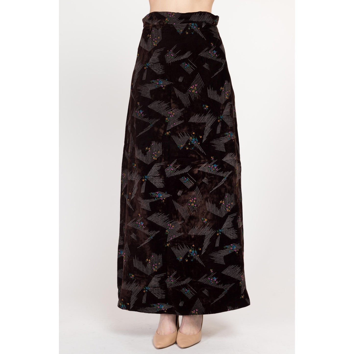 Small 70s Abstract Floral Dark Brown Velvet Maxi Skirt 27" | Vintage High Waisted A Line Hostess Skirt